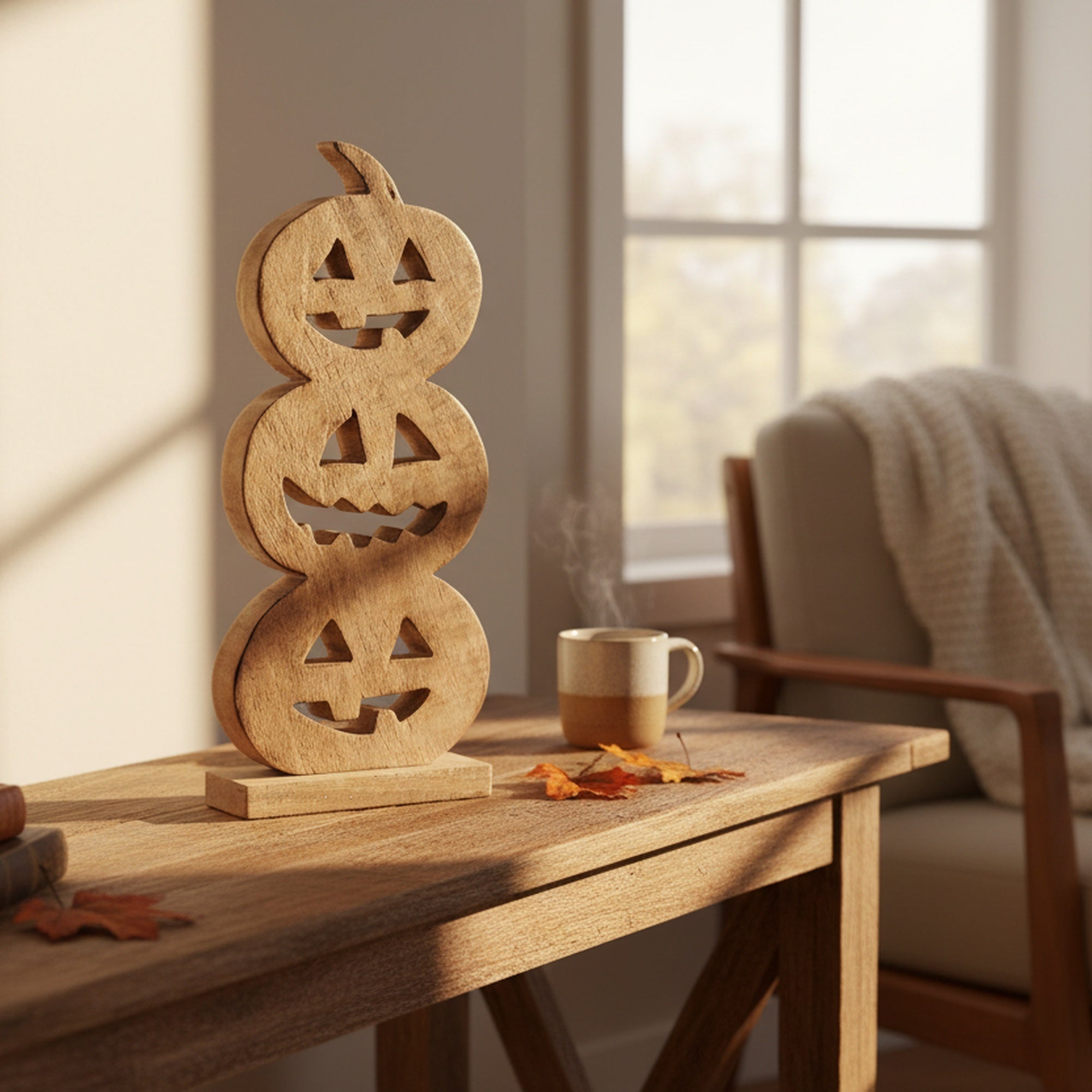 Wood Carved Triple Jack-o'-Lantern Decor, Lantern, Holiday Decor