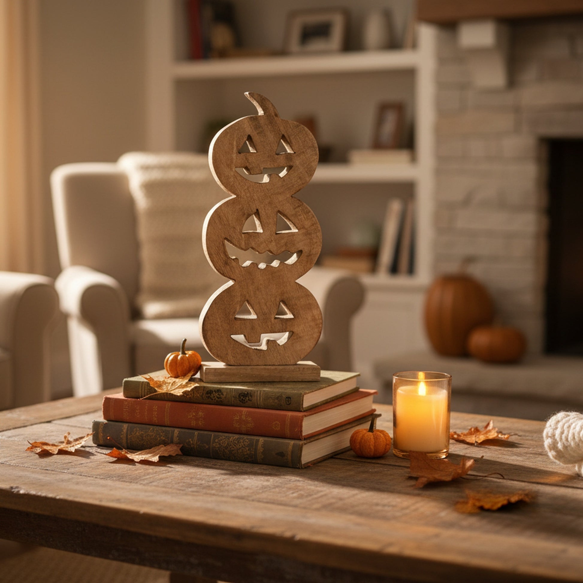 Wood Carved Triple Jack-o'-Lantern Decor, Lantern, Holiday Decor