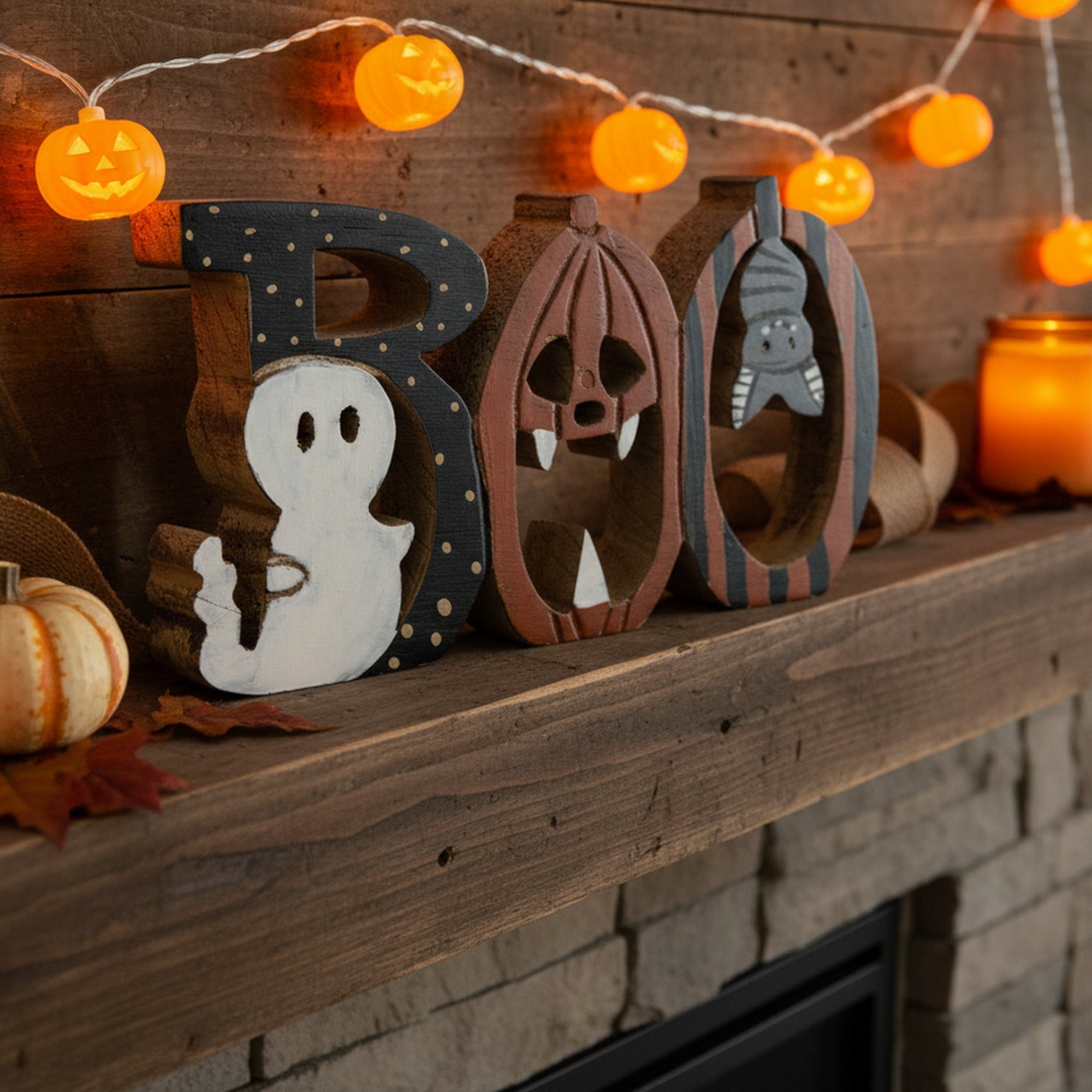 Mango Wood Decor Boo Ghost, Pumpkin, Bat, Halloween, Holiday Decor