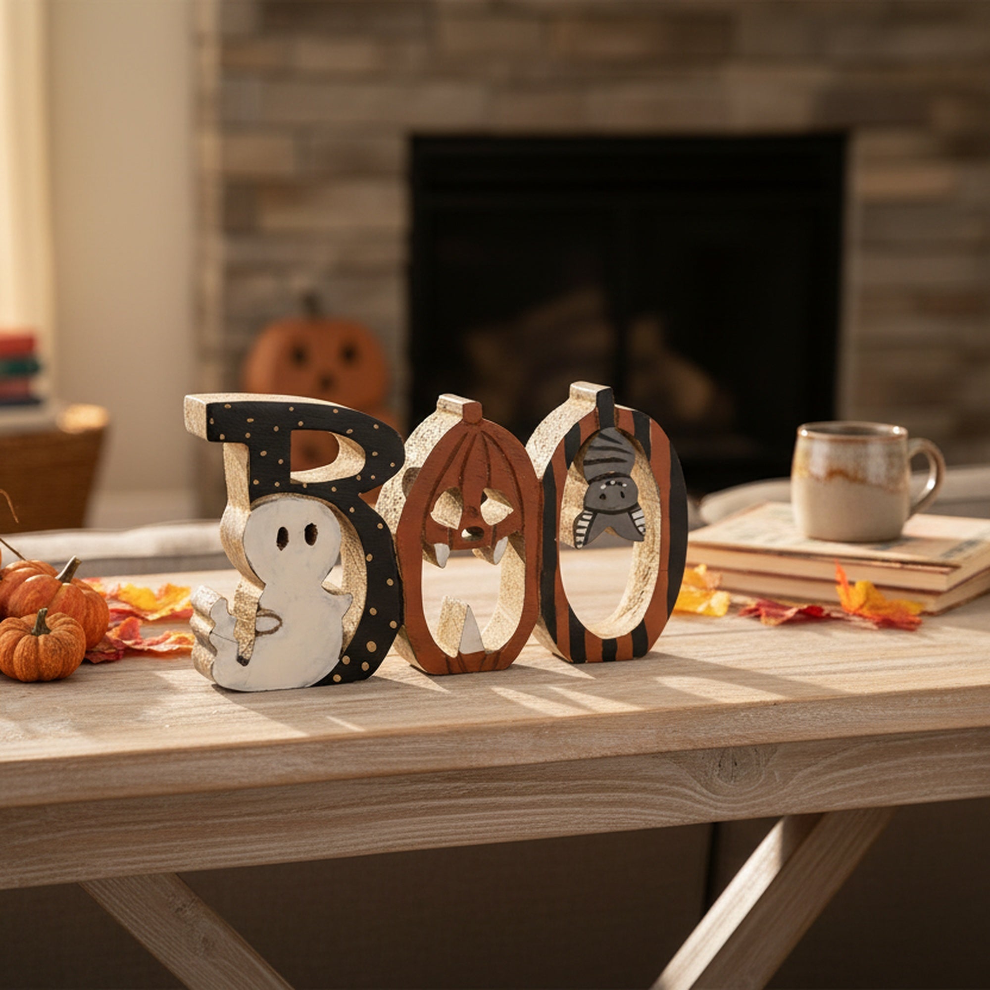 Mango Wood Decor Boo Ghost, Pumpkin, Bat, Halloween, Holiday Decor
