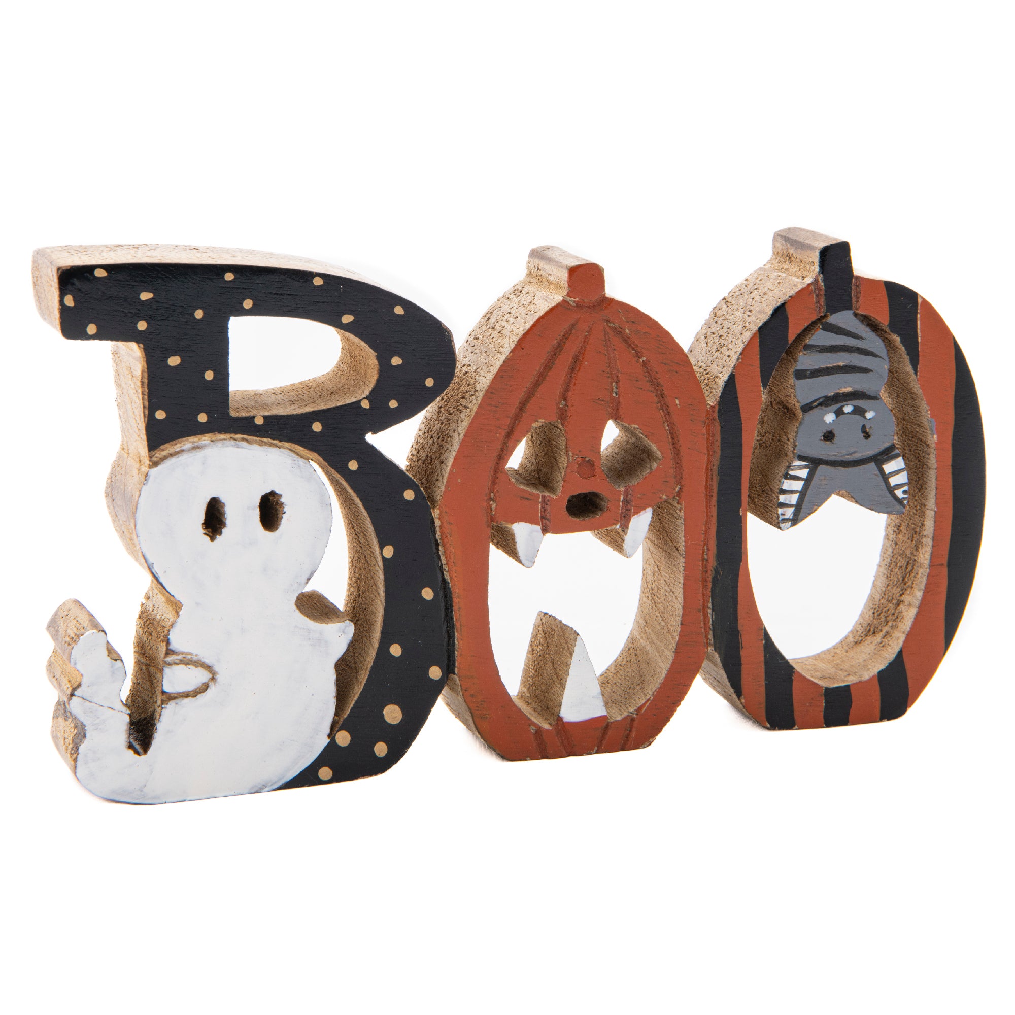 Mango Wood Decor Boo Ghost, Pumpkin, Bat, Halloween, Holiday Decor