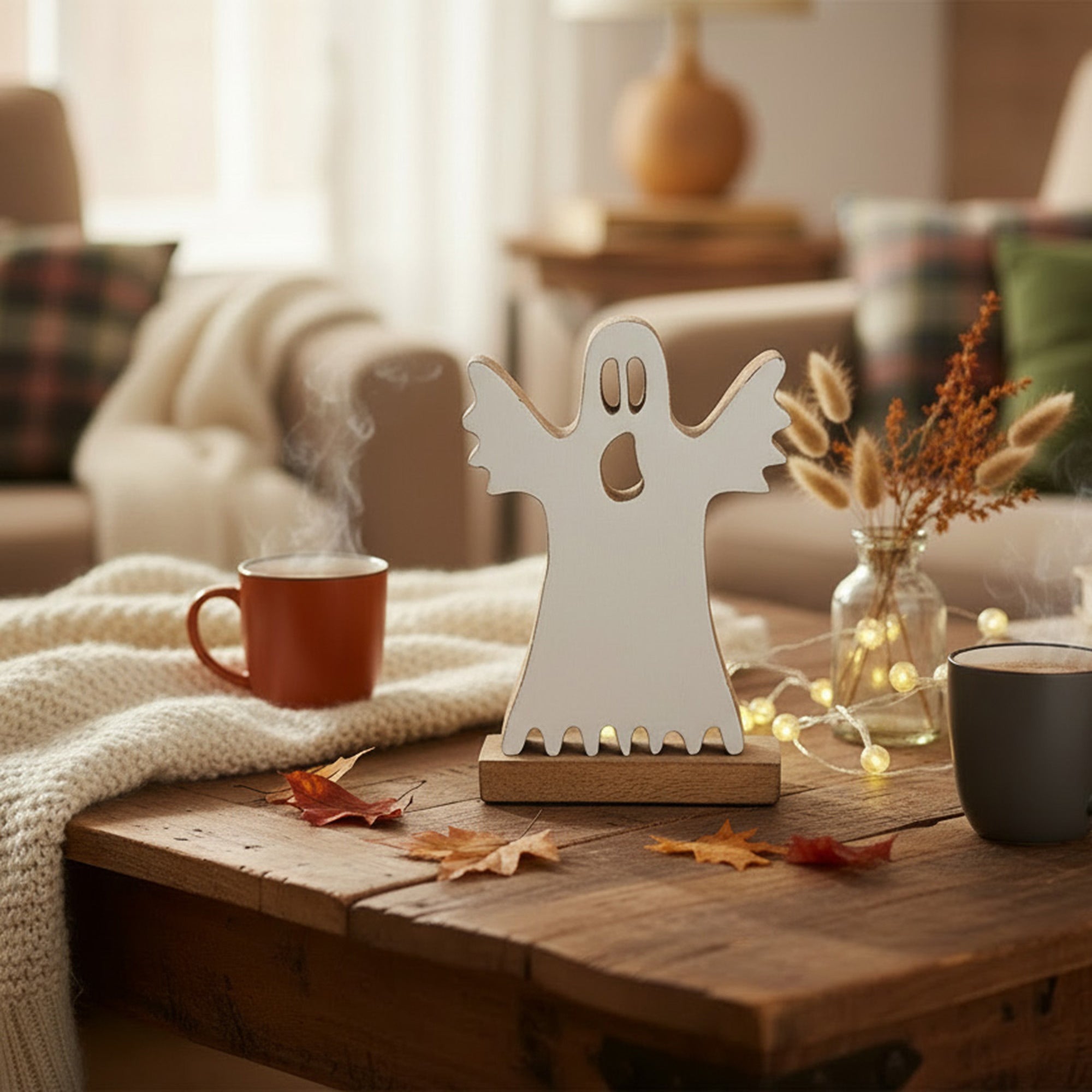 Enamel Coated Mango Wood Decor White Ghost, Halloween, Holiday Decor