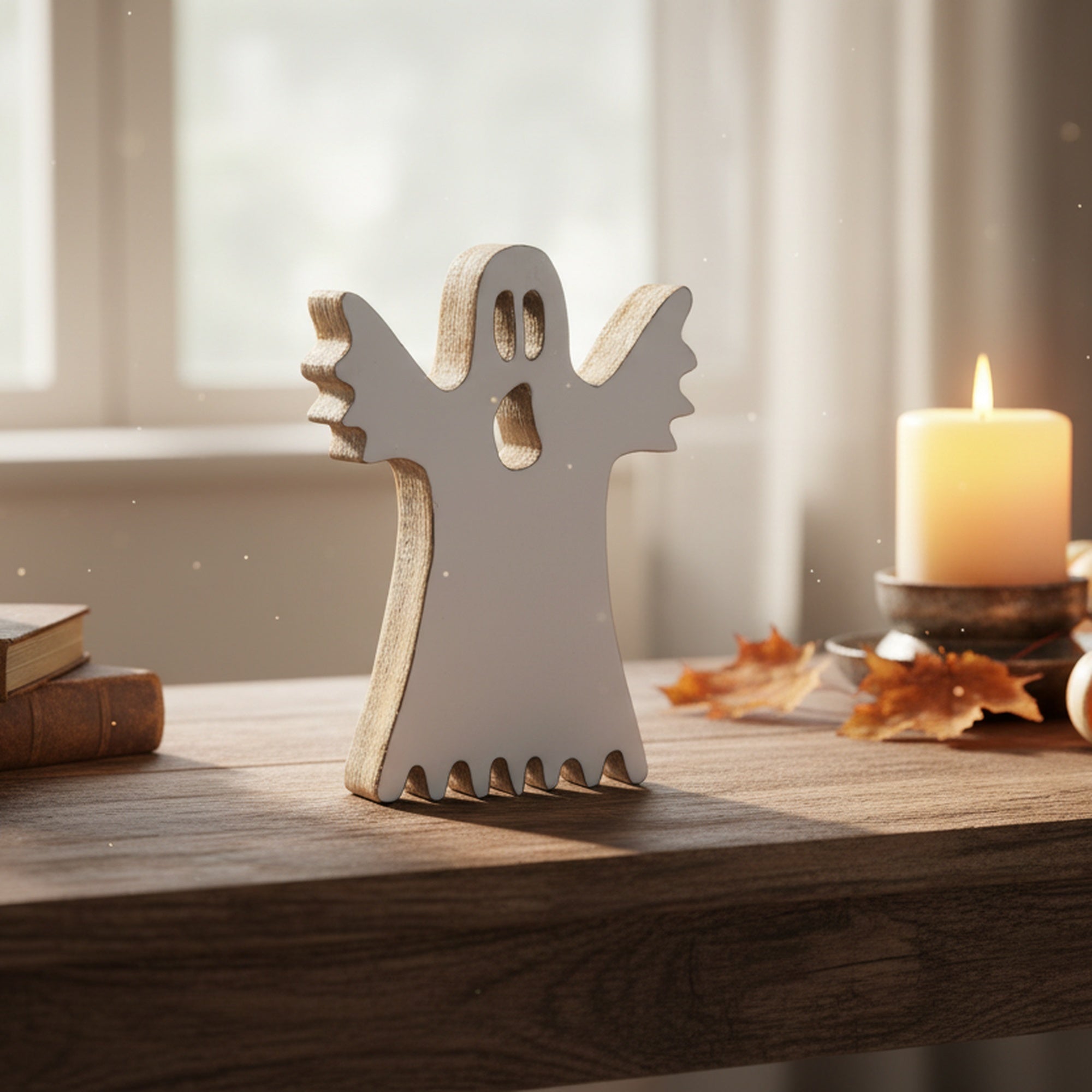 Enamel Coated Mango Wood Decor White Ghost, Halloween, Holiday Decor