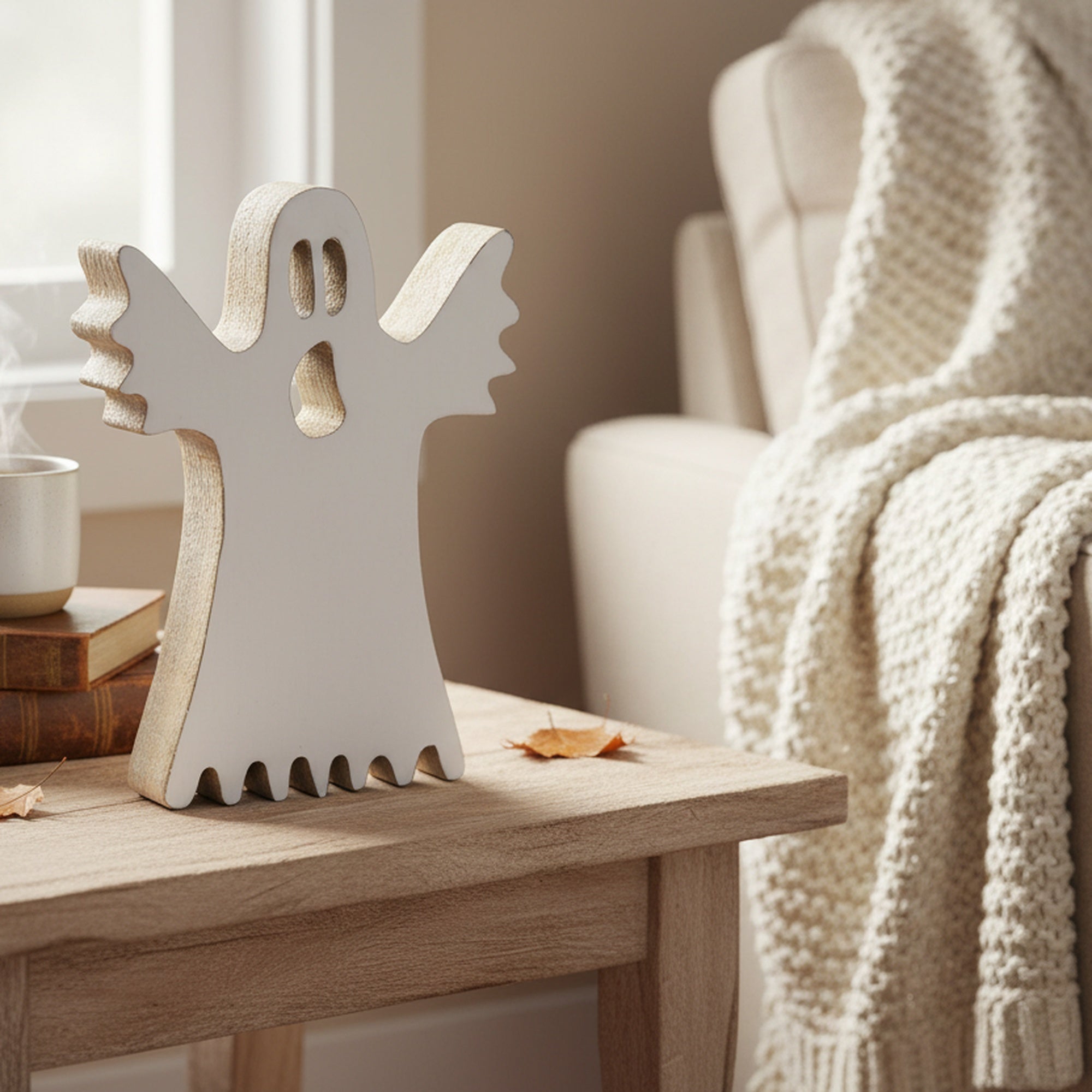 Enamel Coated Mango Wood Decor White Ghost, Halloween, Holiday Decor