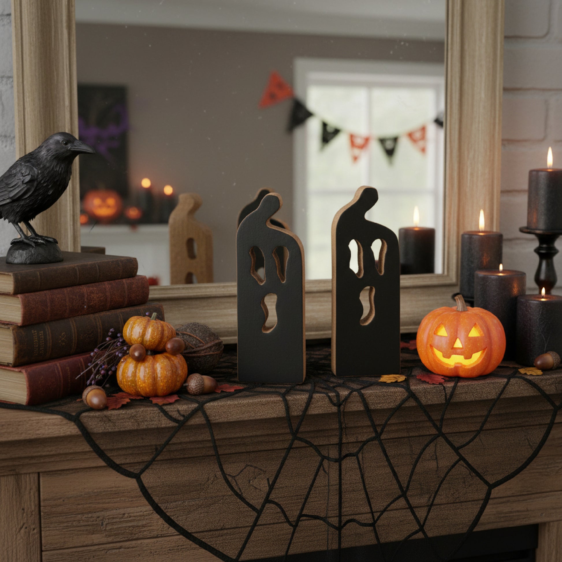 Enamel Coated Mango Wood Decor Black Ghost, Halloween, Holiday Decor- Set of 2
