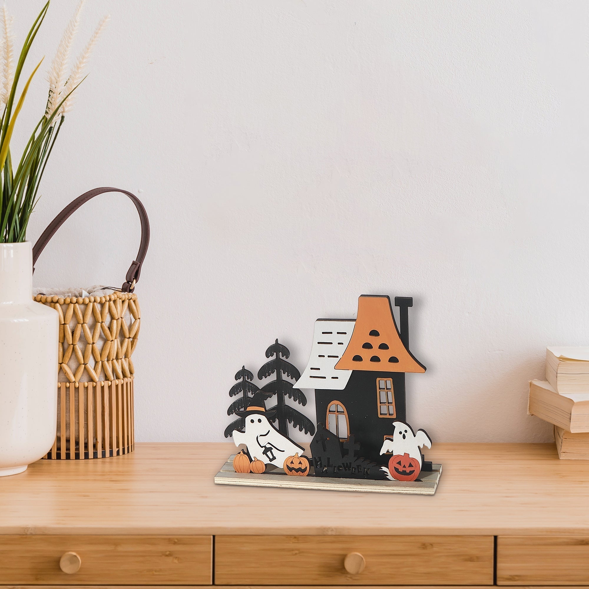 Wooden House & Ghost Halloween Decoration – Spooky Tabletop Decor