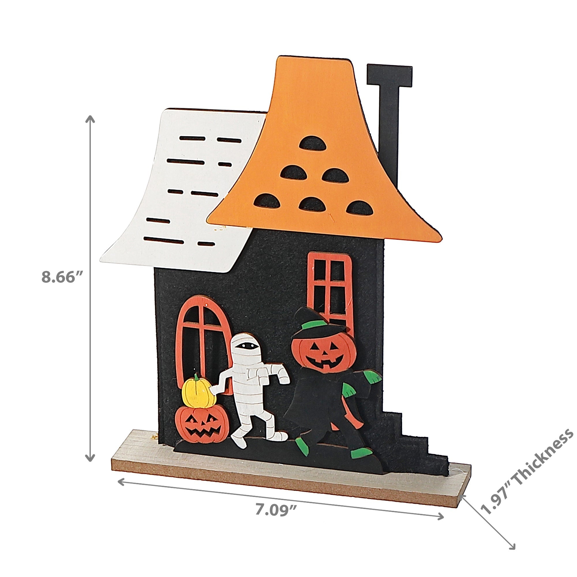 Small Wooden House with Mummy & Pumpkin Halloween Decoration – Fall Table Decor, Spooky Accent