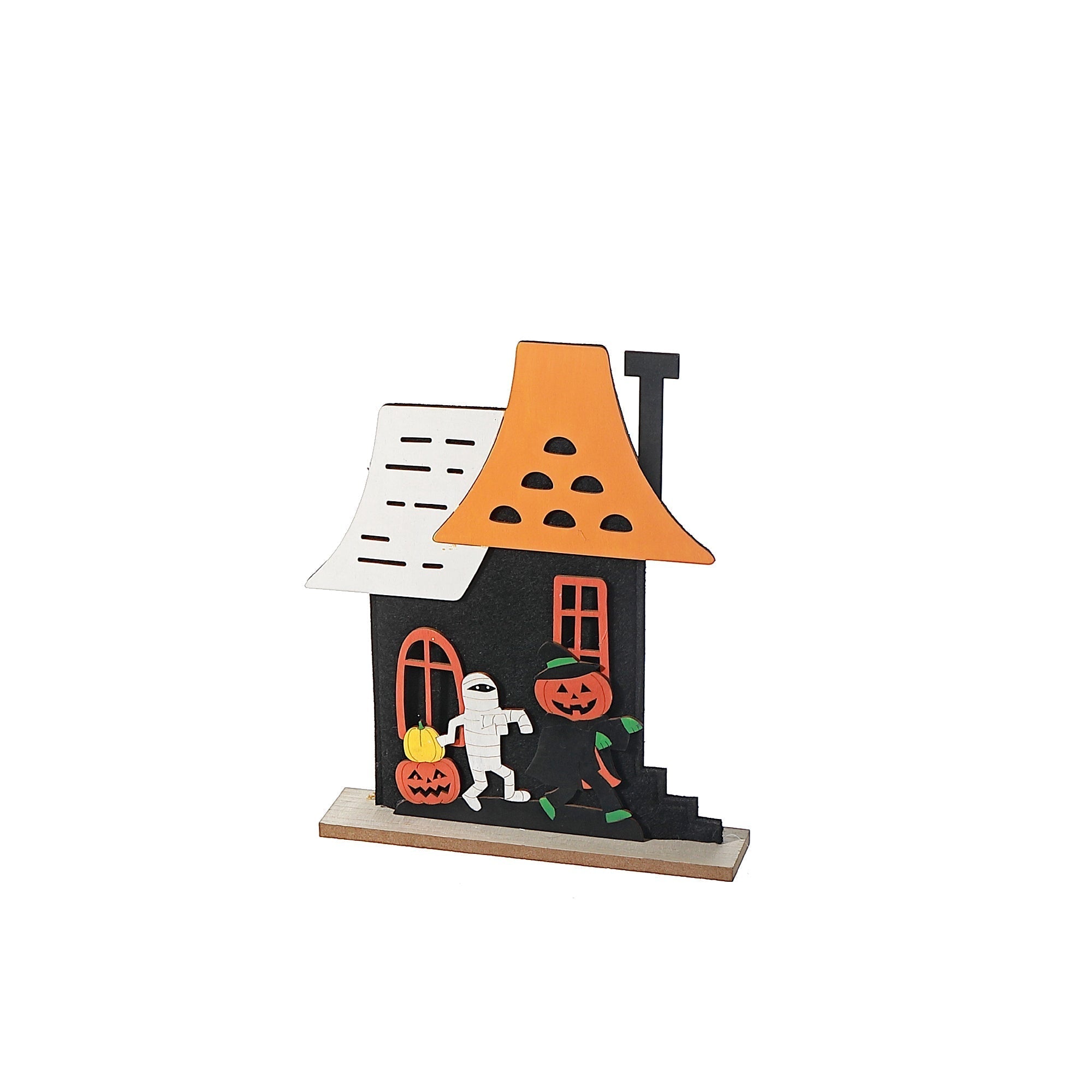 Small Wooden House with Mummy & Pumpkin Halloween Decoration – Fall Table Decor, Spooky Accent
