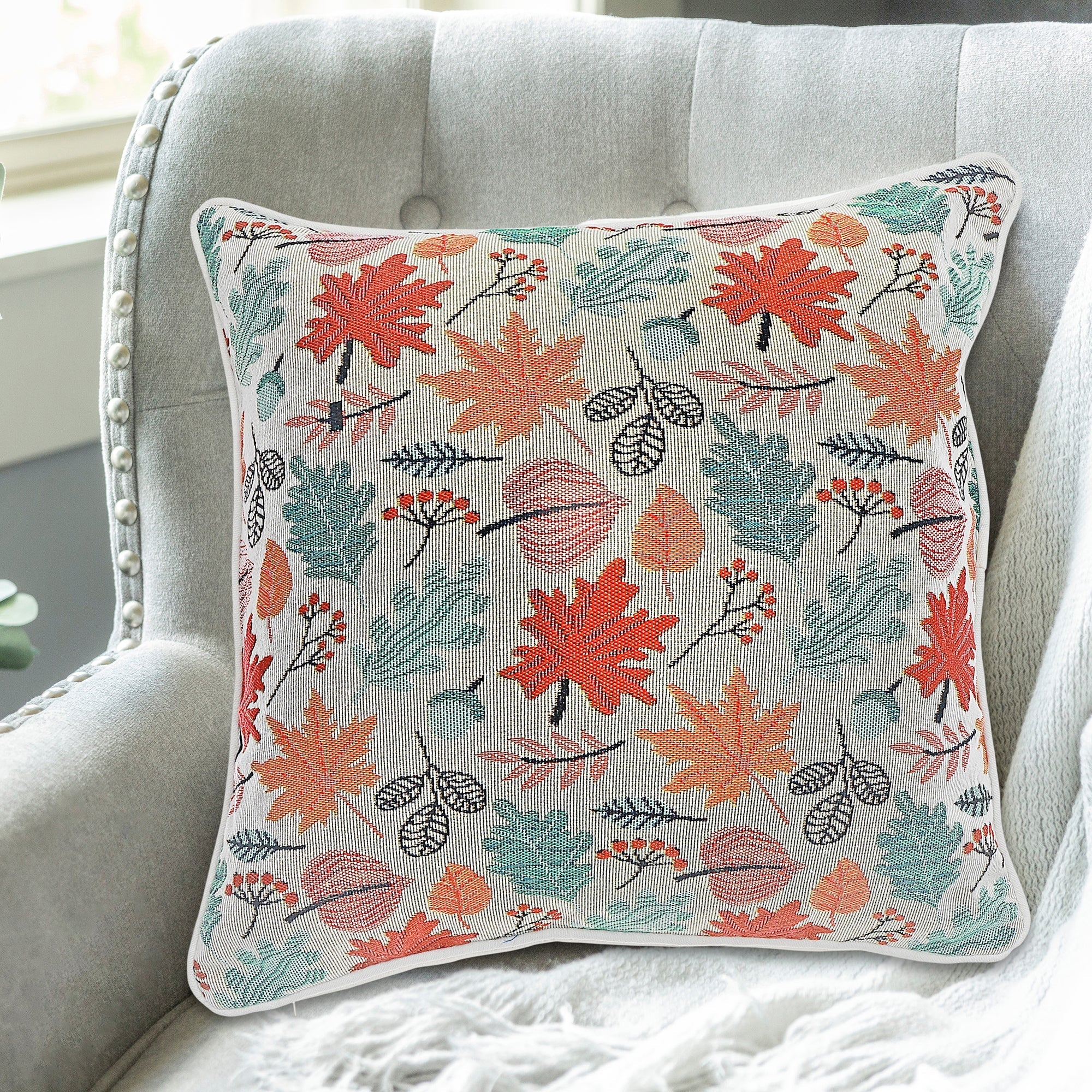 Tapestry Falling Leaves Cushion 18 Inches by 18 Inches - Set of 2, Autumn Pillow, Thanksgiving Decor, Seasonal Throw