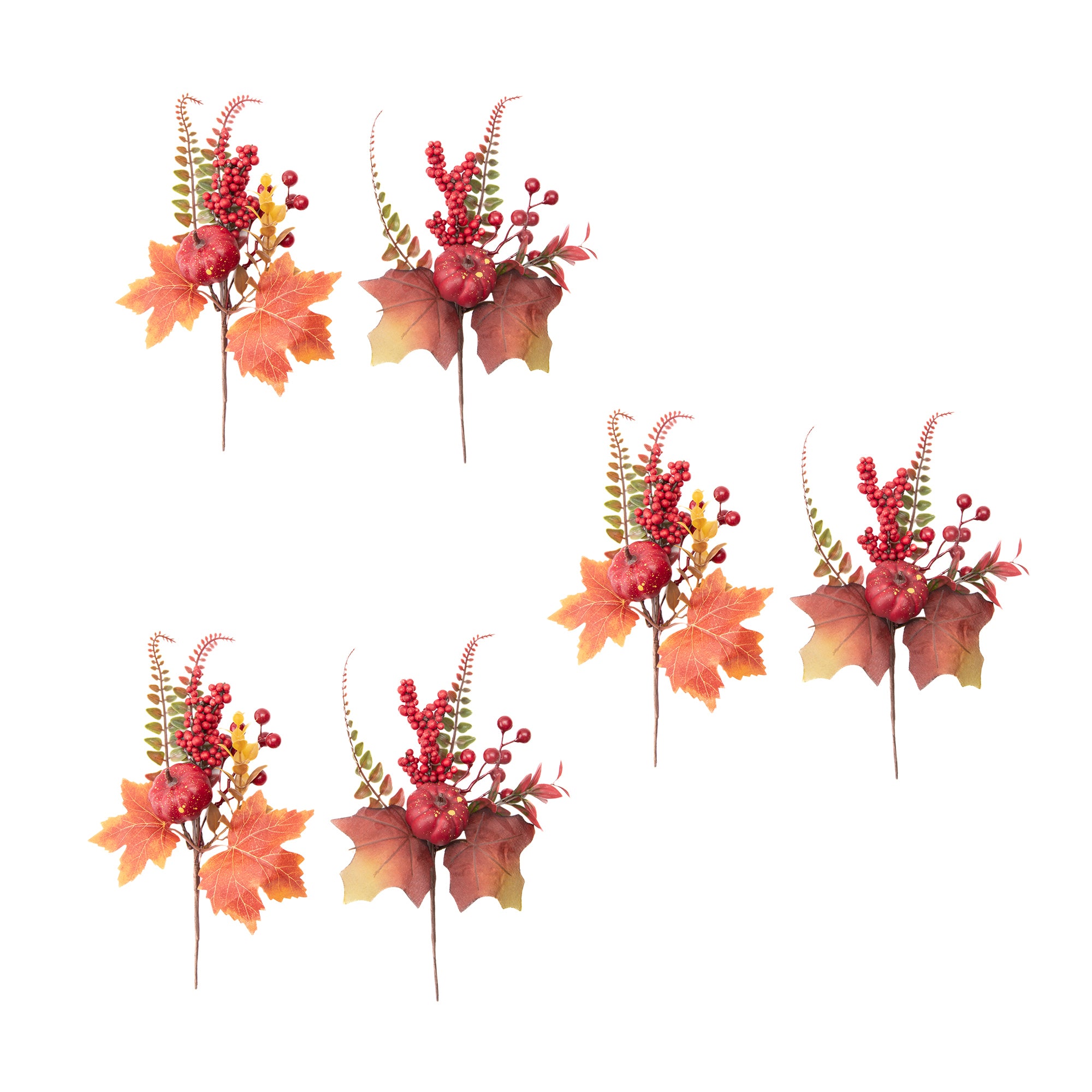 Pumpkin and Autumn Foliage Pick Assorted, Fall Harvest, Floral Pick, Holiday Decor- Set of 6