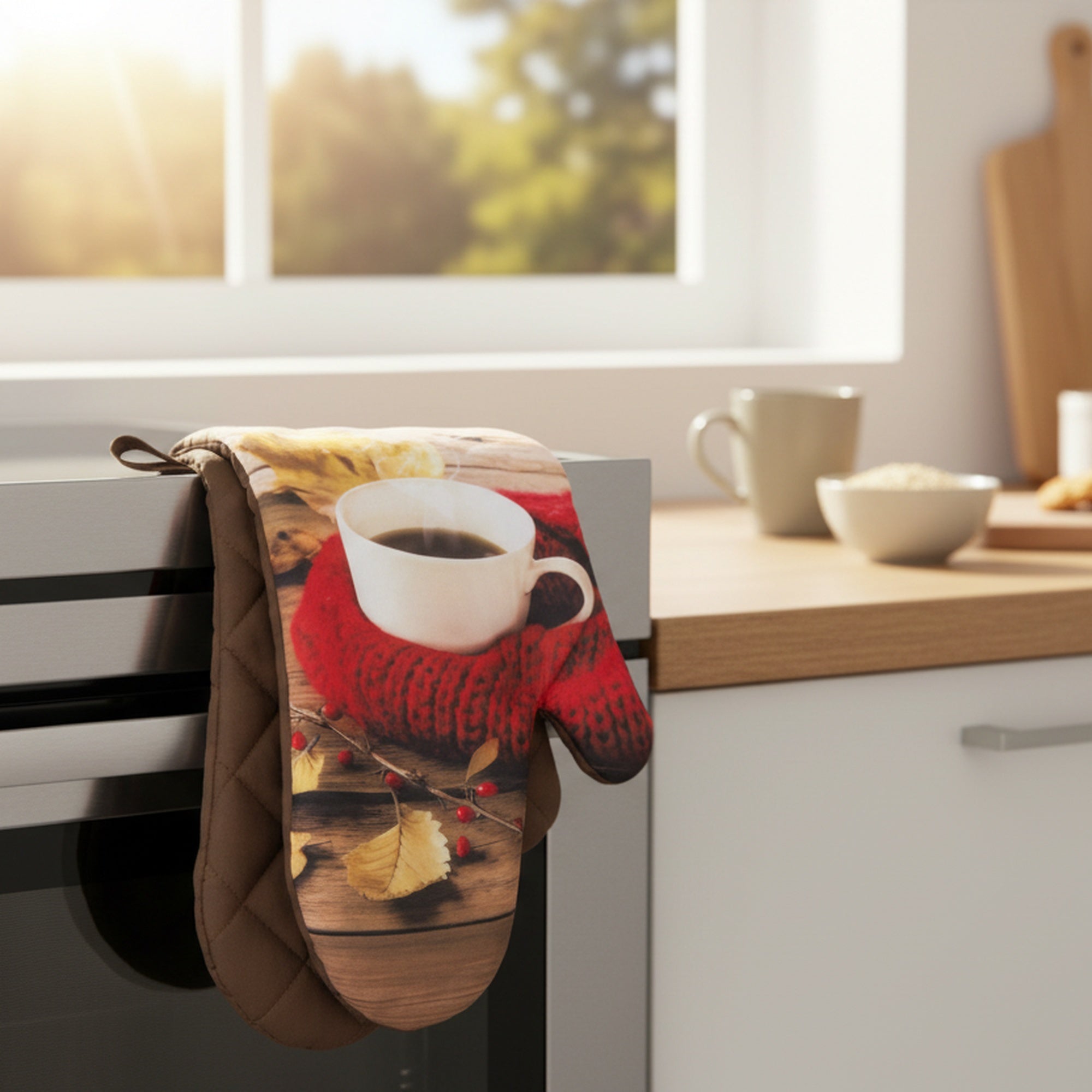 14" Oven Mitts 2 Piece Cozy Coffee, Holiday Decor- Set of 2