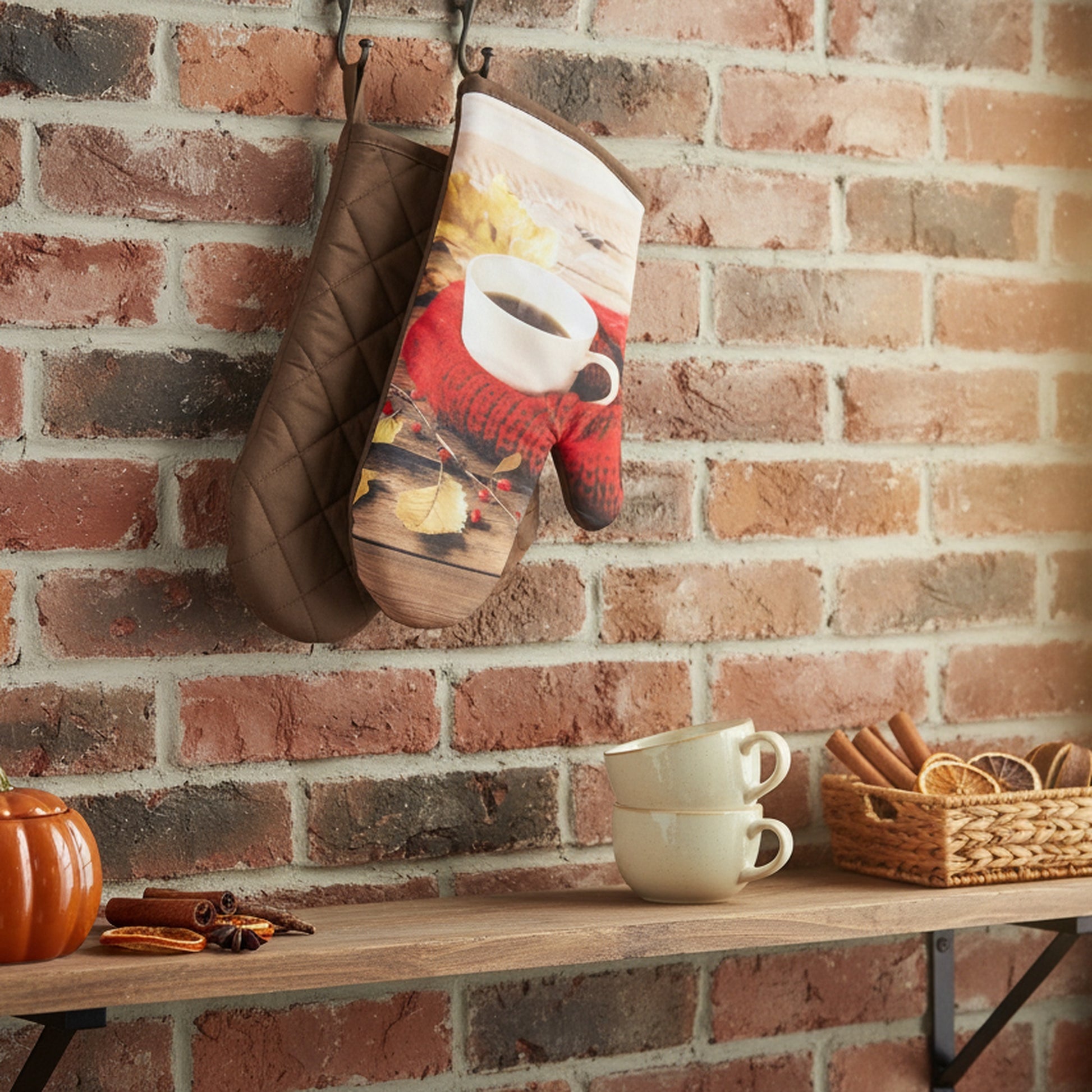 14" Oven Mitts 2 Piece Cozy Coffee, Holiday Decor- Set of 2