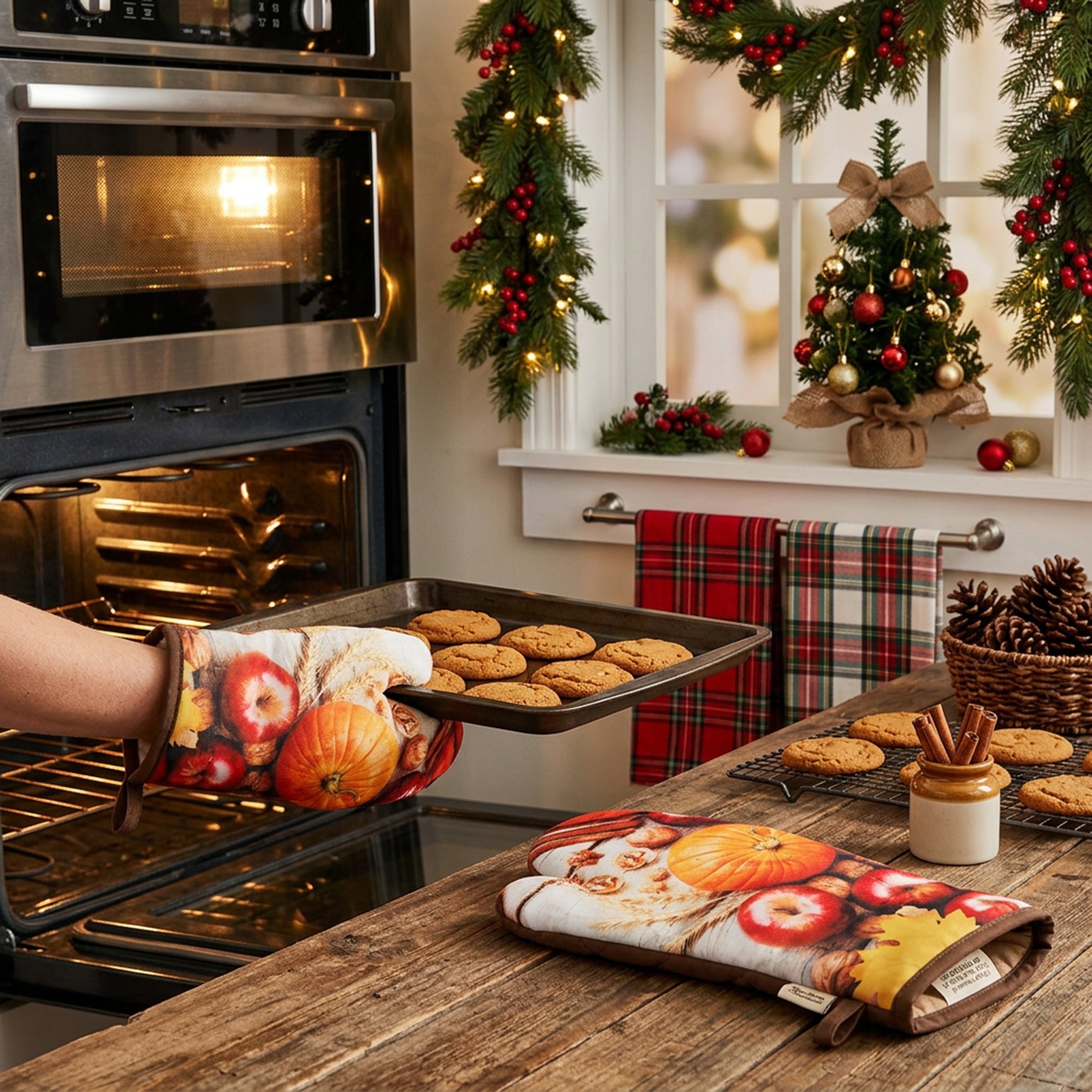 14" Oven Mitts 2 Piece Pumpkin Apple, Fall Harvest, Holiday Decor- Set of 2