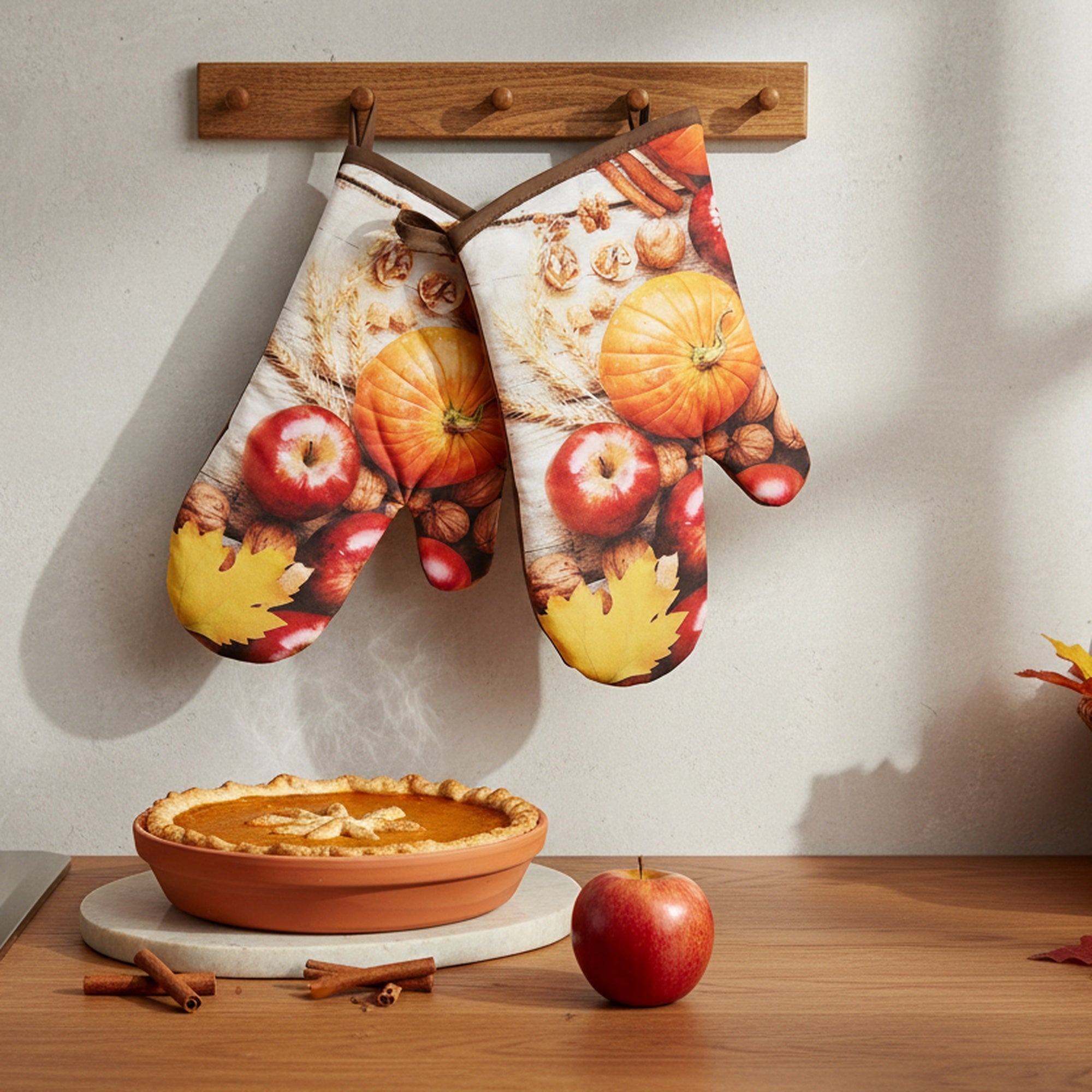 14" Oven Mitts 2 Piece Pumpkin Apple, Fall Harvest, Holiday Decor- Set of 2