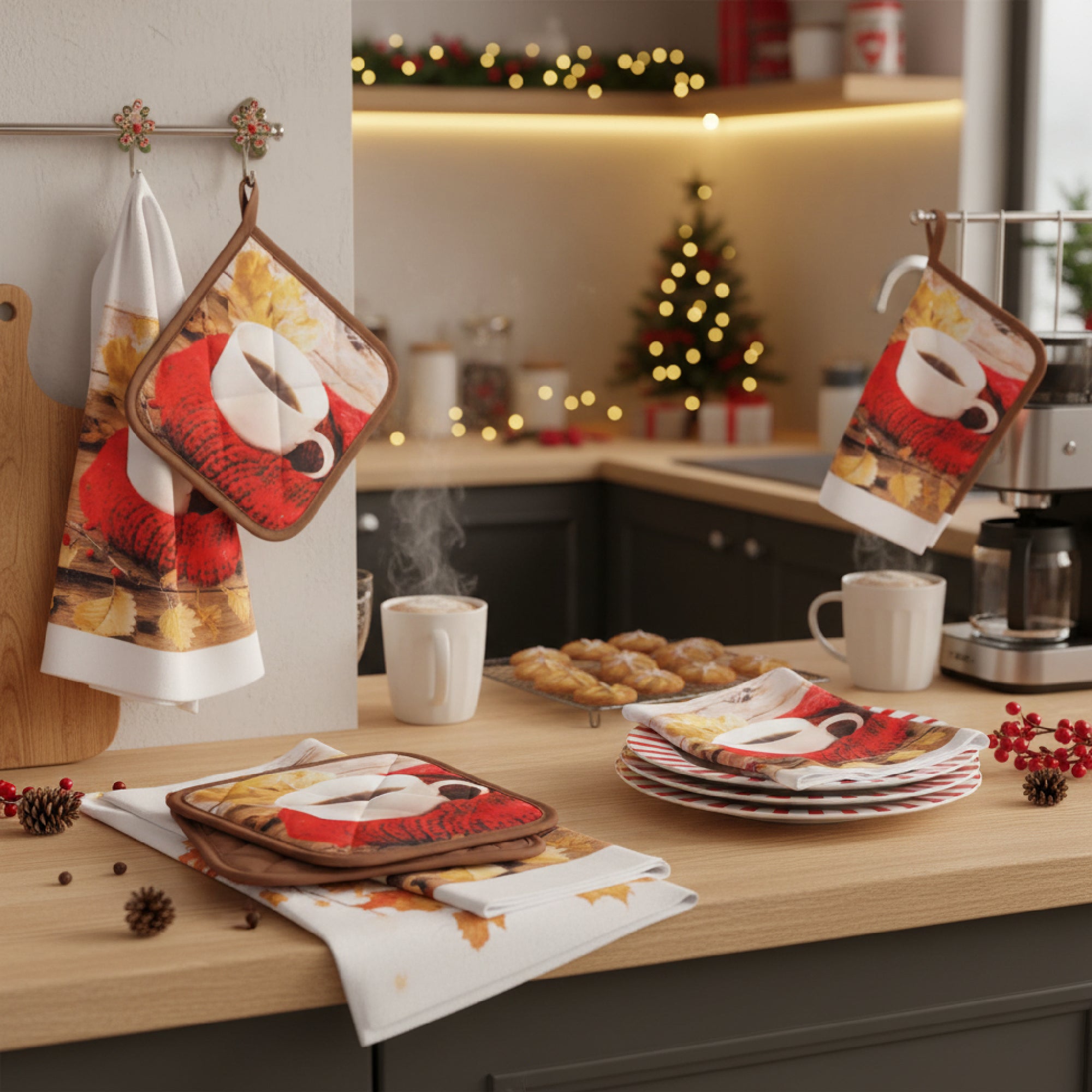 5 Piece Kitchen Set Cozy Coffee, Holiday Decor- Set of 2