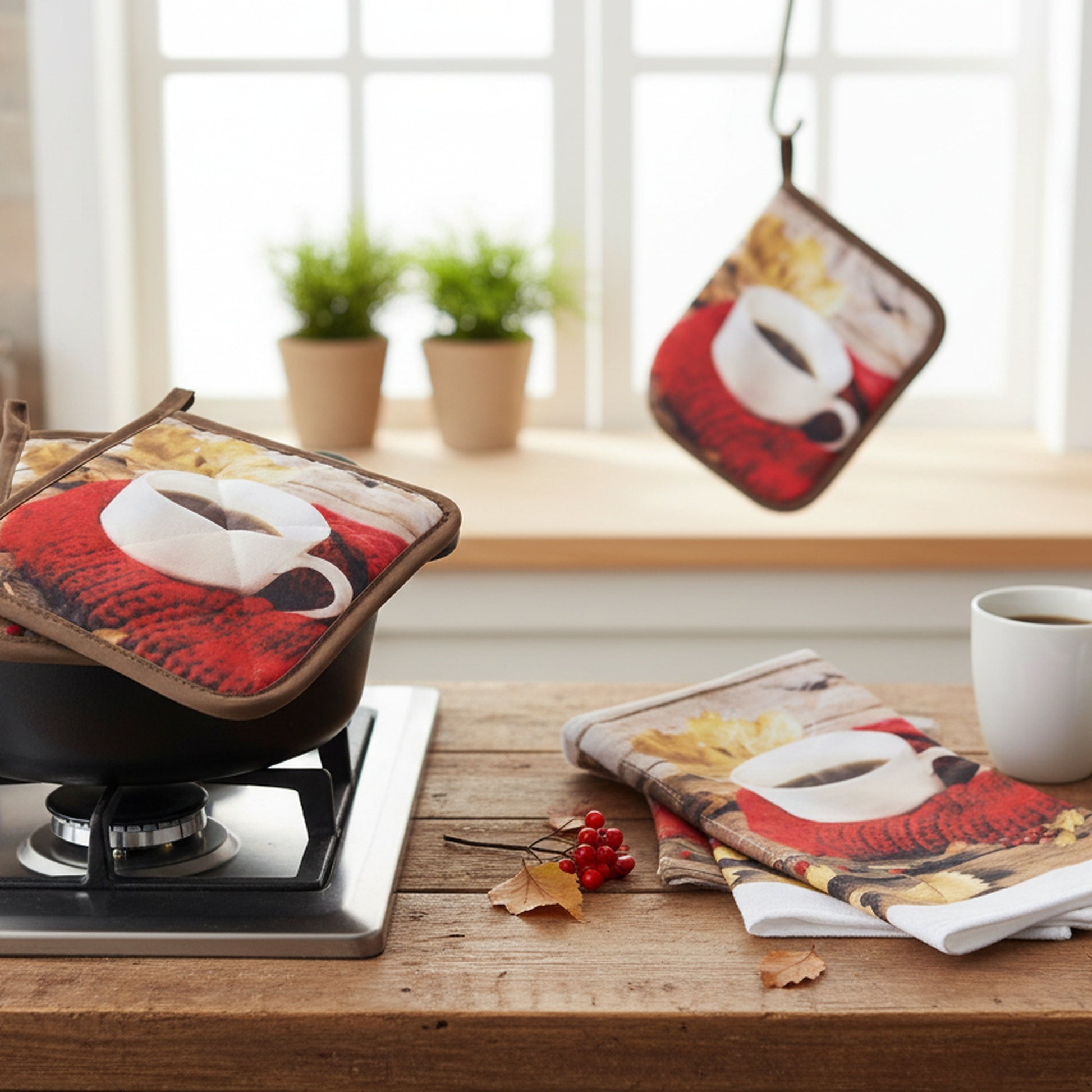 5 Piece Kitchen Set Cozy Coffee, Holiday Decor- Set of 2