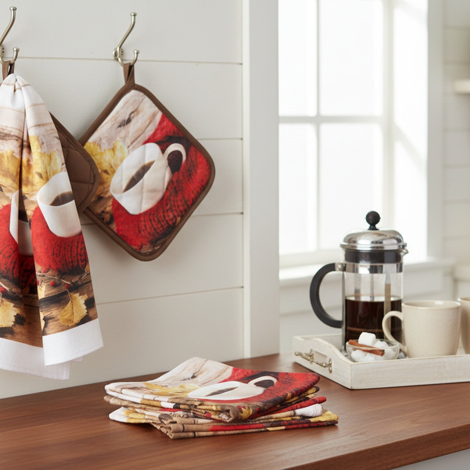 5 Piece Kitchen Set Cozy Coffee, Holiday Decor- Set of 2