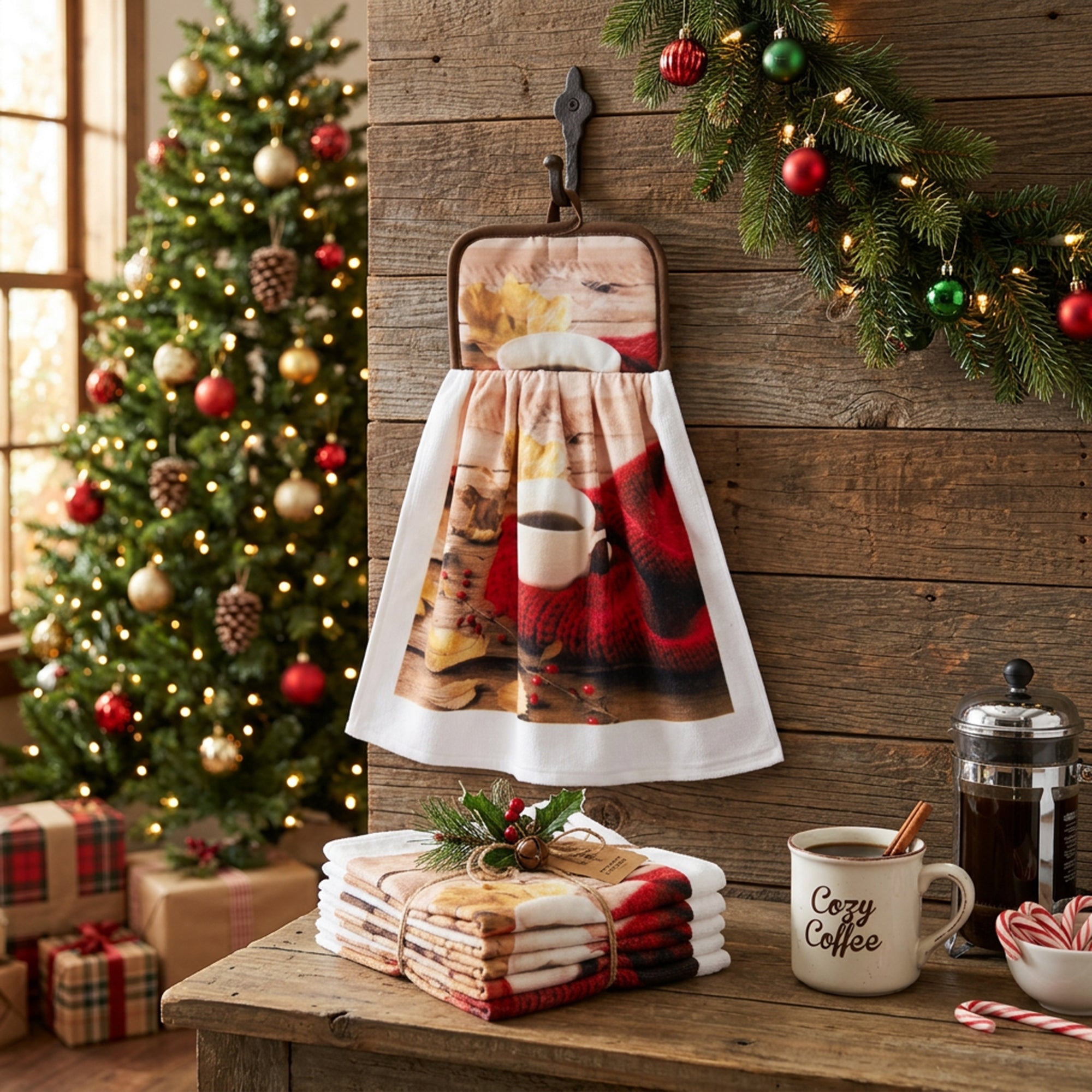 Tie Hand Towel Cozy Coffee, Kitchen Towel, Holiday Decor- Set of 6