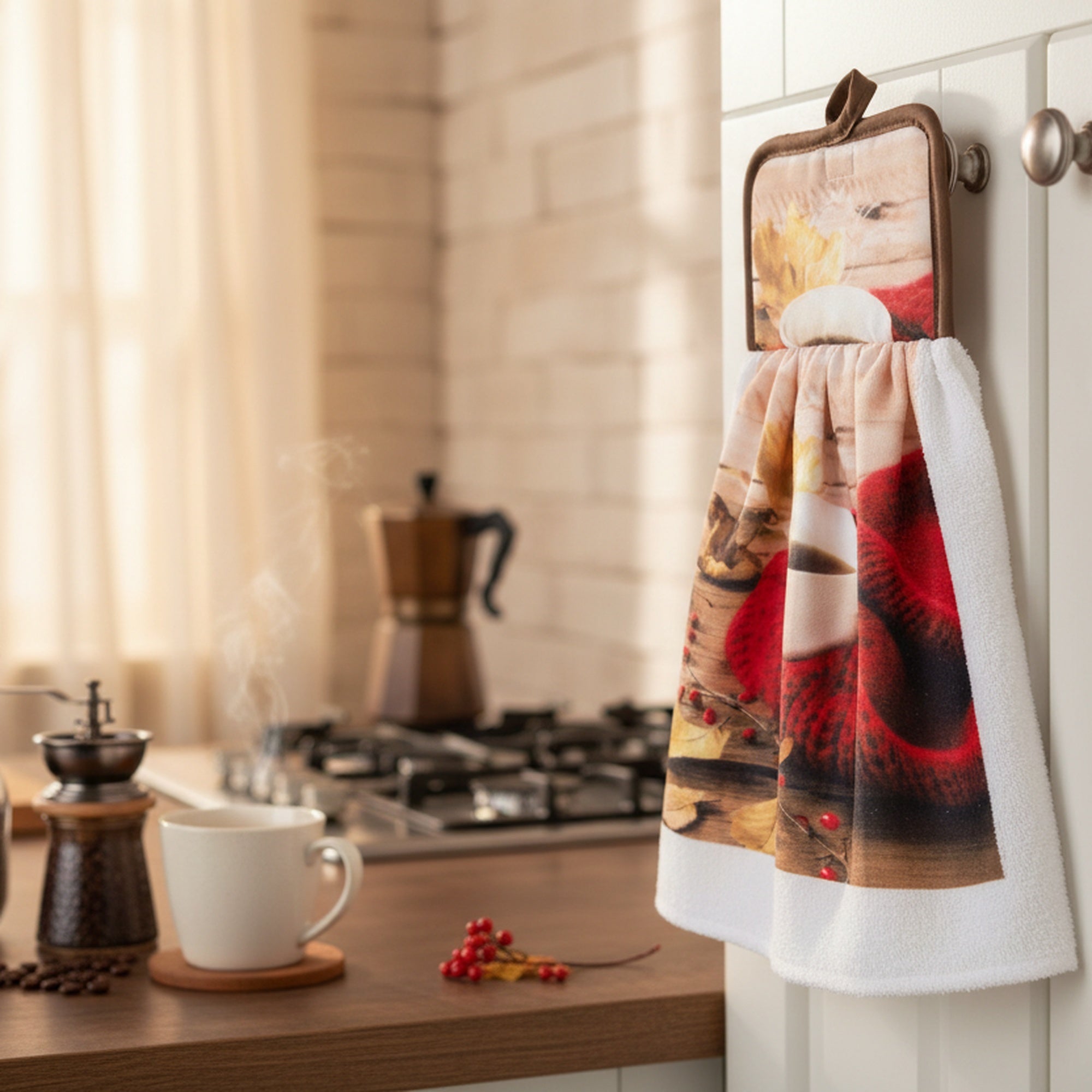 Tie Hand Towel Cozy Coffee, Kitchen Towel, Holiday Decor- Set of 6
