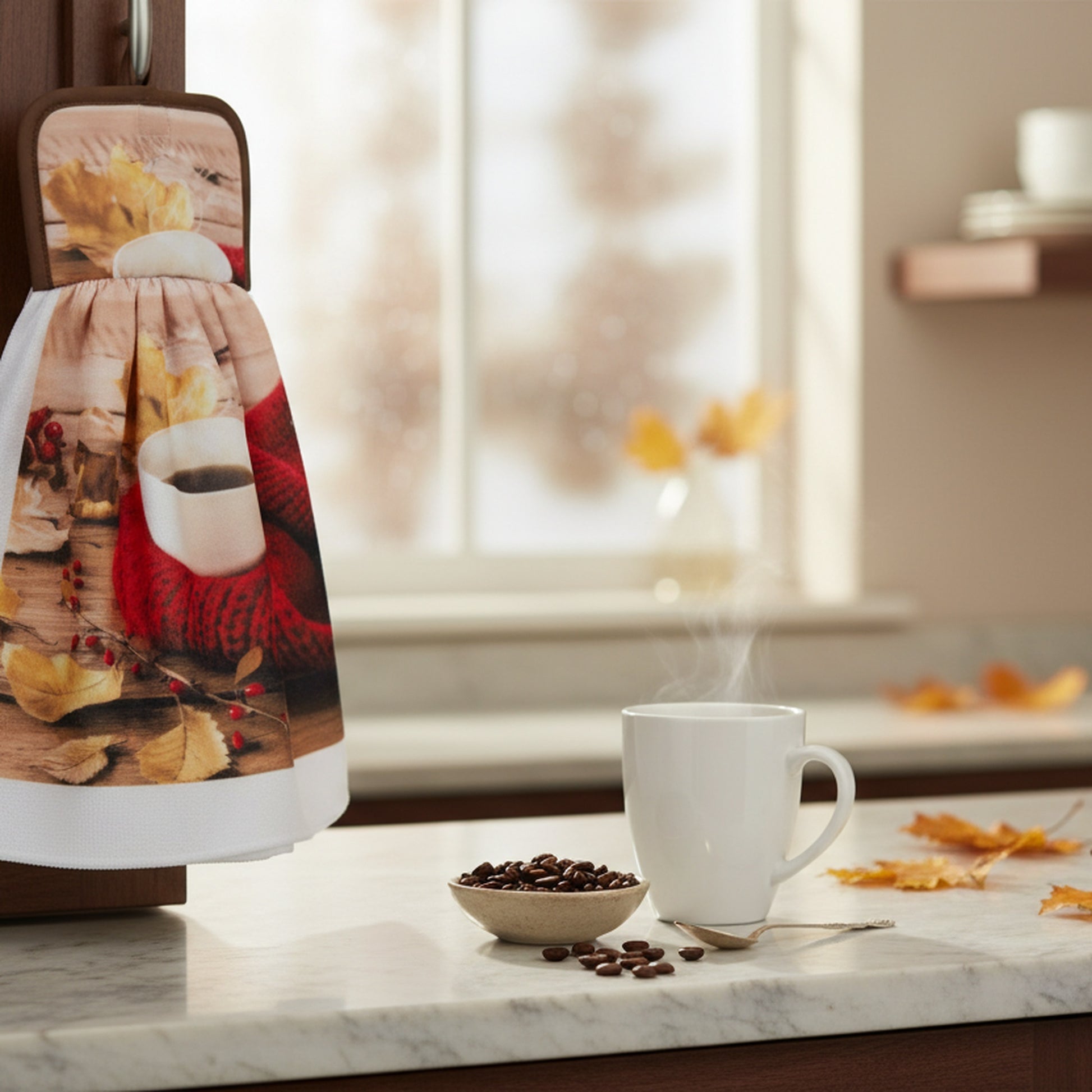 Tie Hand Towel Cozy Coffee, Kitchen Towel, Holiday Decor- Set of 6