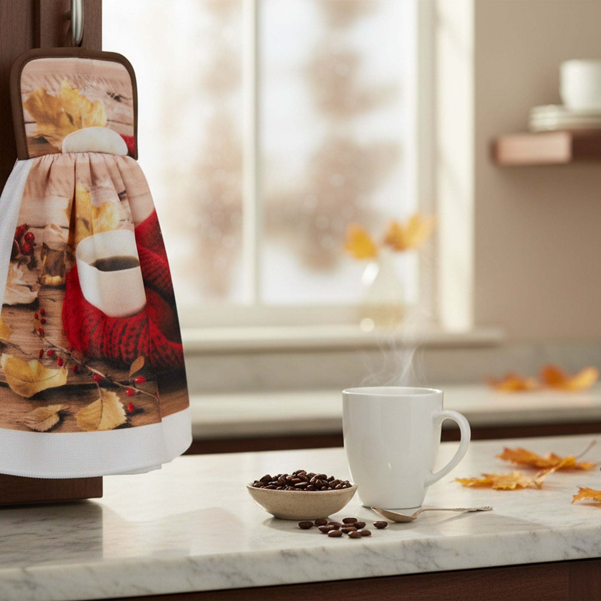 Tie Hand Towel Cozy Coffee, Kitchen Towel, Holiday Decor- Set of 6