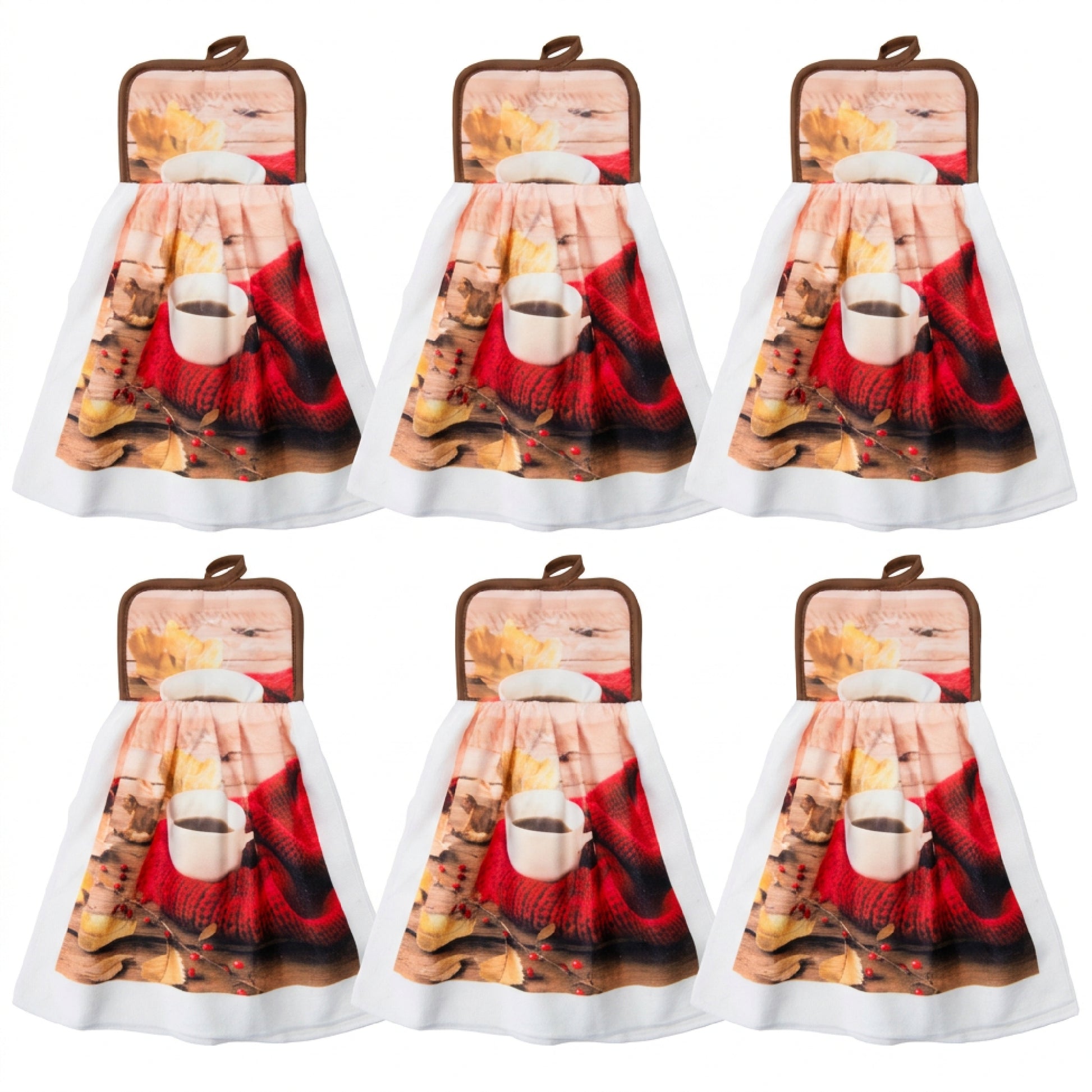 Tie Hand Towel Cozy Coffee, Kitchen Towel, Holiday Decor- Set of 6