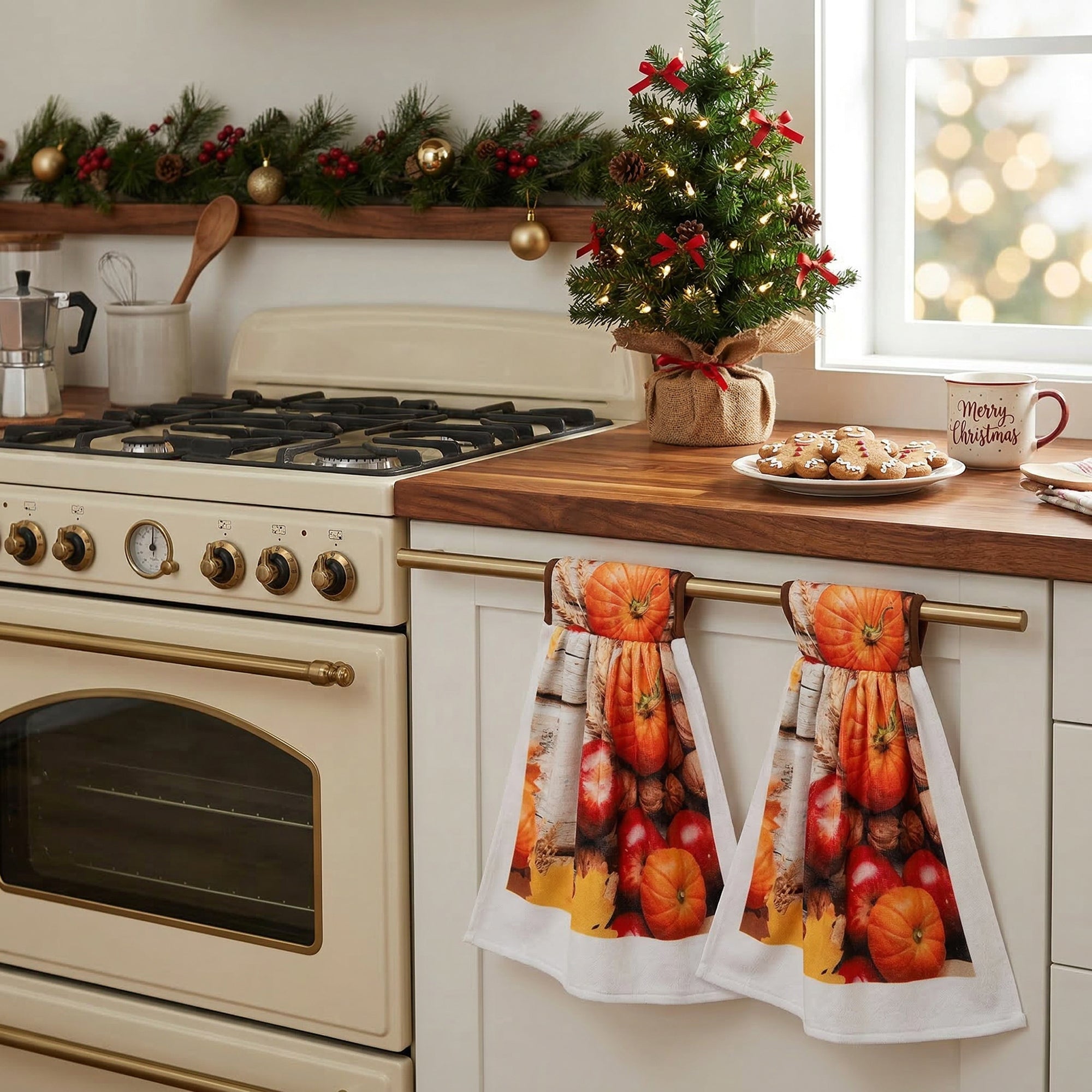Tie Hand Towel Pumpkin Apple, Fall Harvest, Kitchen Towel, Holiday Decor- Set of 2