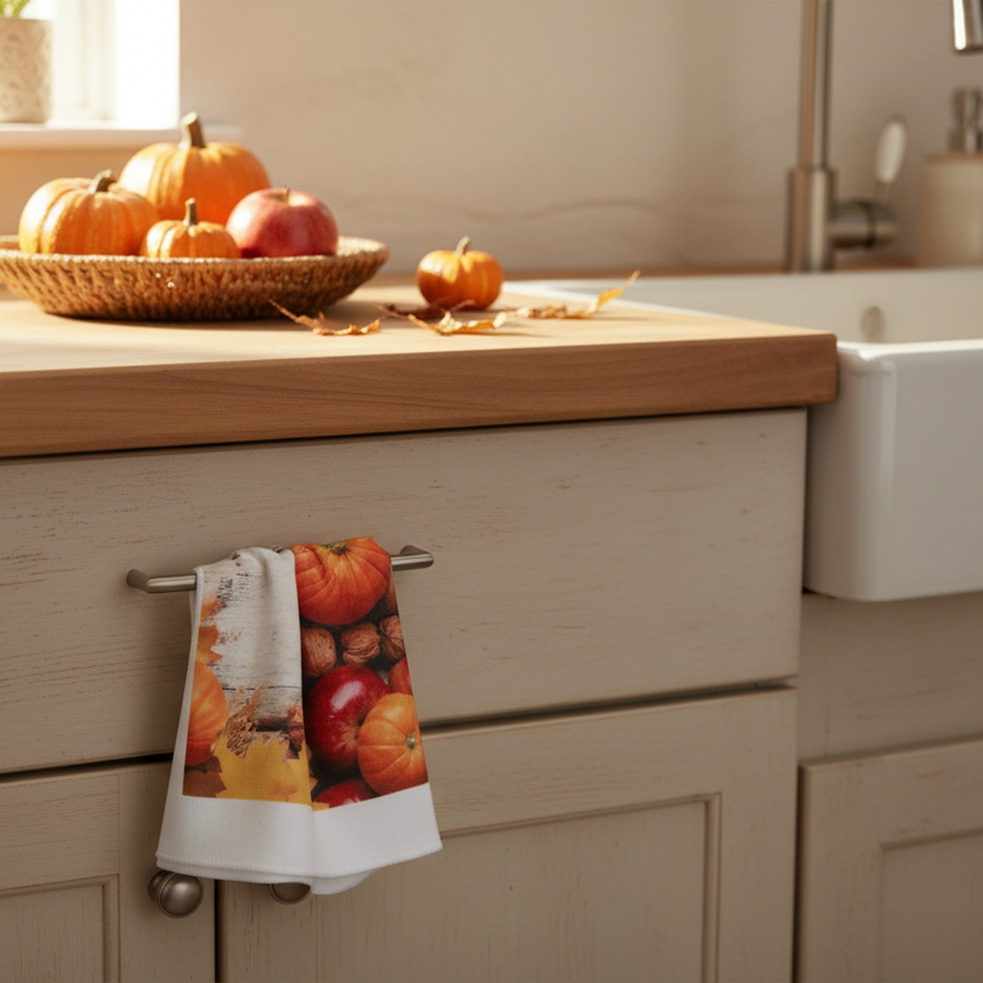 Tie Hand Towel Pumpkin Apple, Fall Harvest, Kitchen Towel, Holiday Decor- Set of 2
