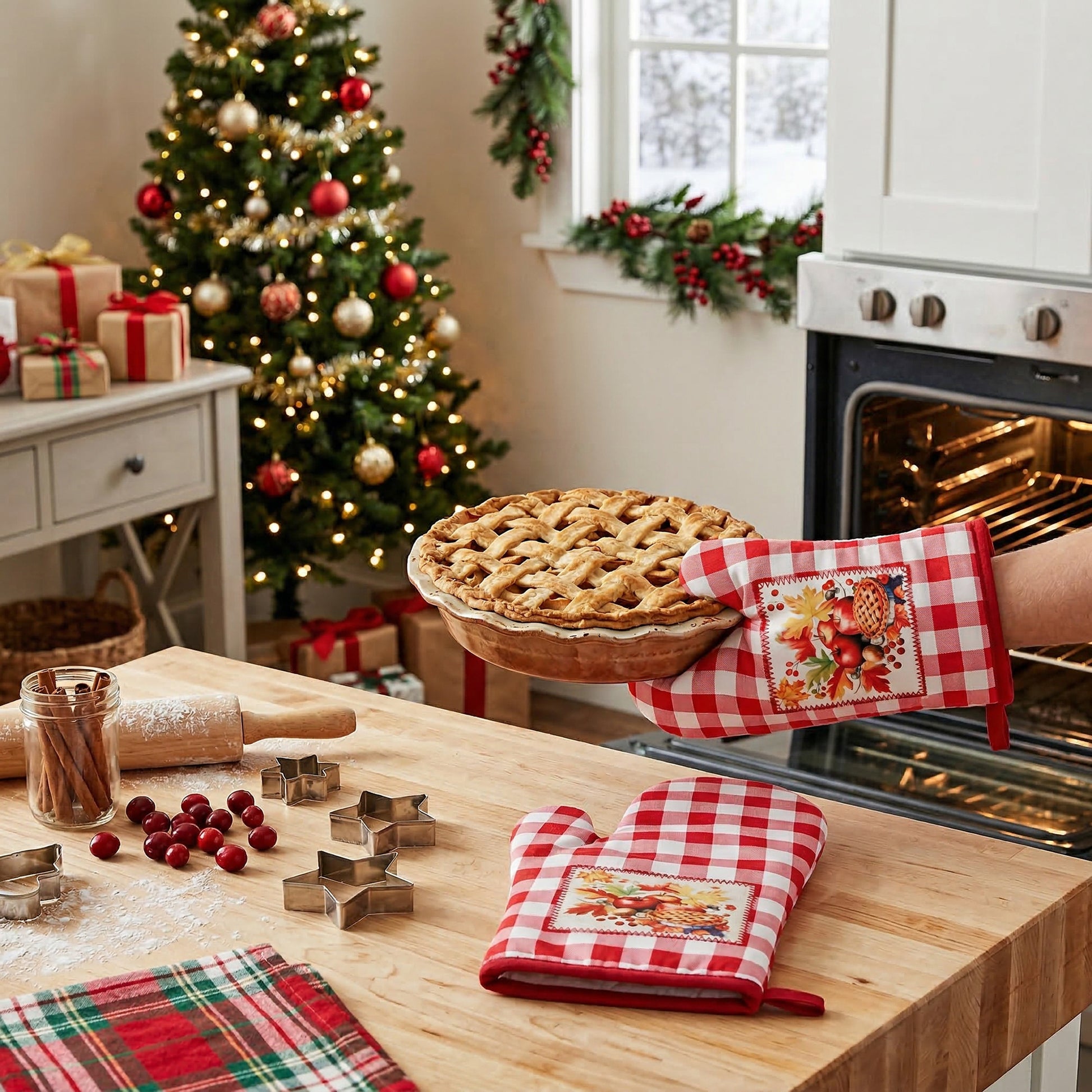 12" Oven Mitt Red Plaid Apple Pie, Oven Mitt, Holiday Decor- Set of 2