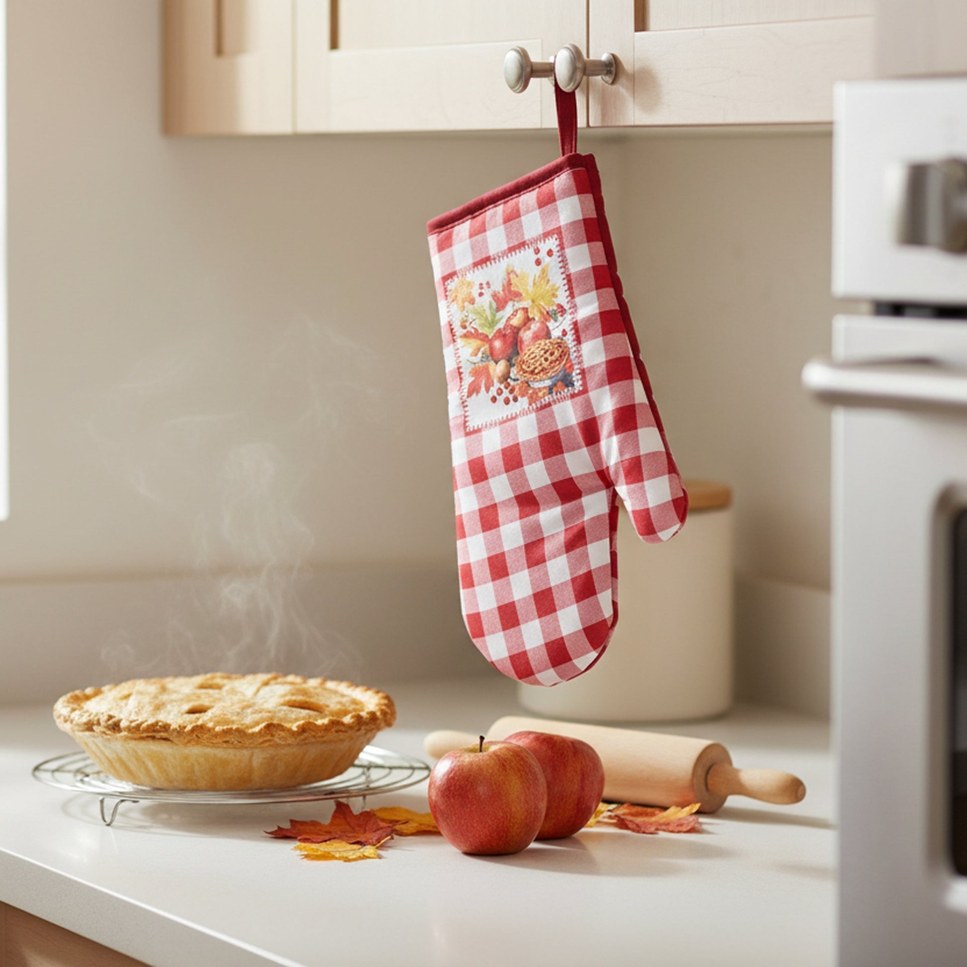 12" Oven Mitt Red Plaid Apple Pie, Oven Mitt, Holiday Decor- Set of 2