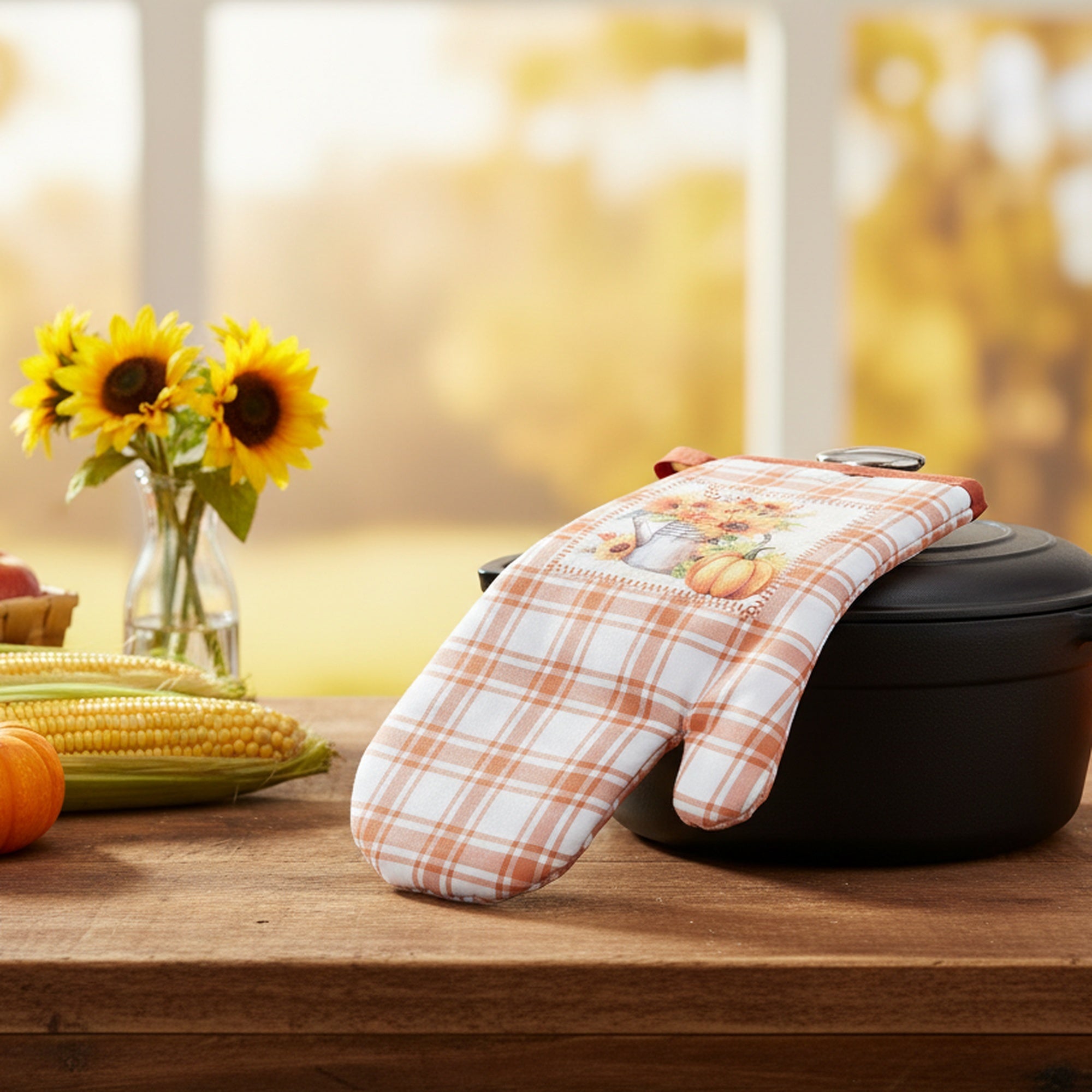 12" Oven Mitt Orange Plaid Sunflower & Pumpkin, Fall Harvest, Oven Mitt, Holiday Decor- Set of 2