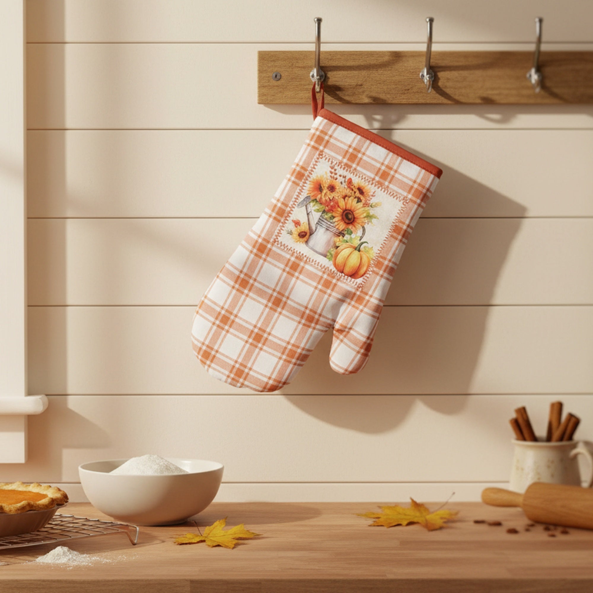 12" Oven Mitt Orange Plaid Sunflower & Pumpkin, Fall Harvest, Oven Mitt, Holiday Decor- Set of 2