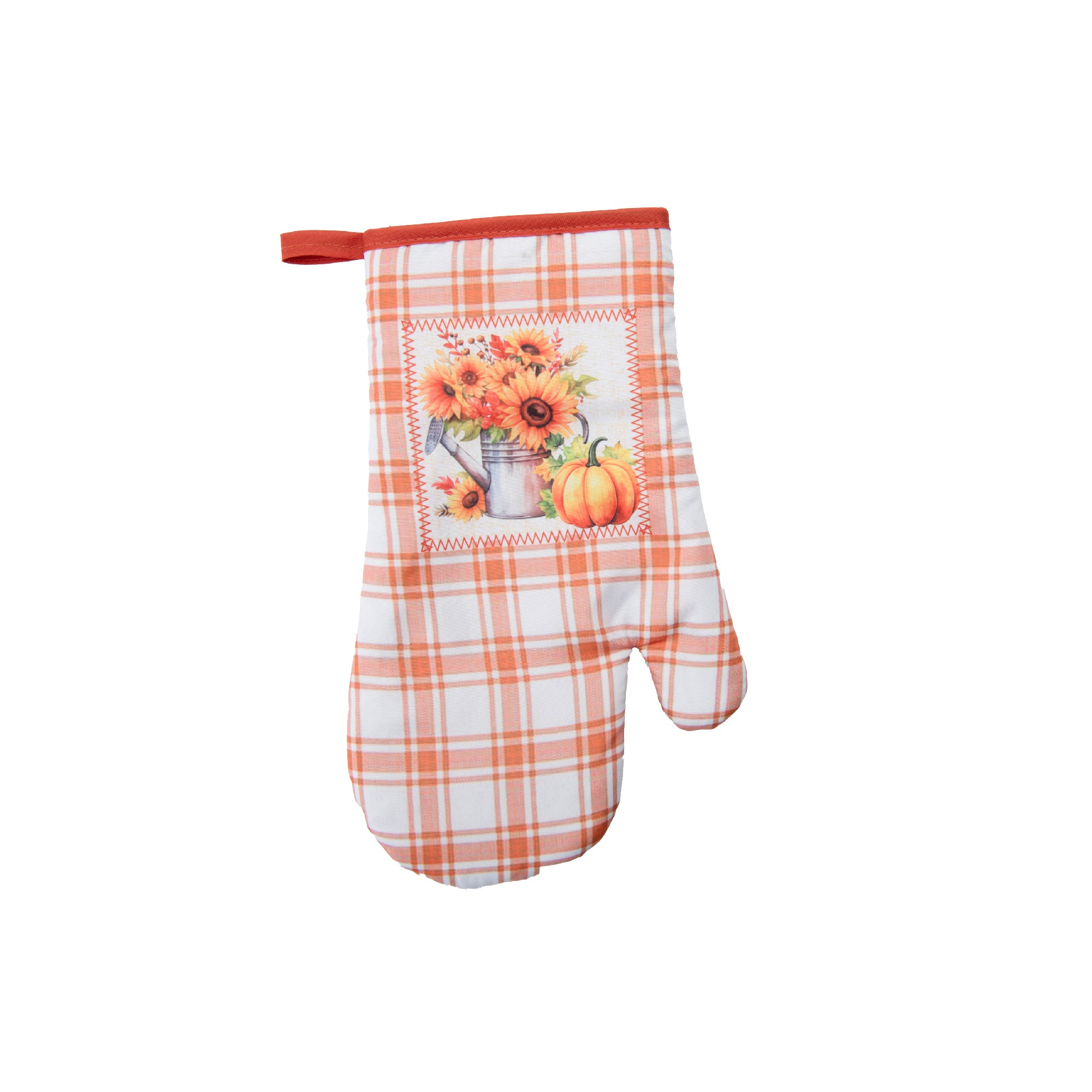 12" Oven Mitt Orange Plaid Sunflower & Pumpkin, Fall Harvest, Oven Mitt, Holiday Decor- Set of 2