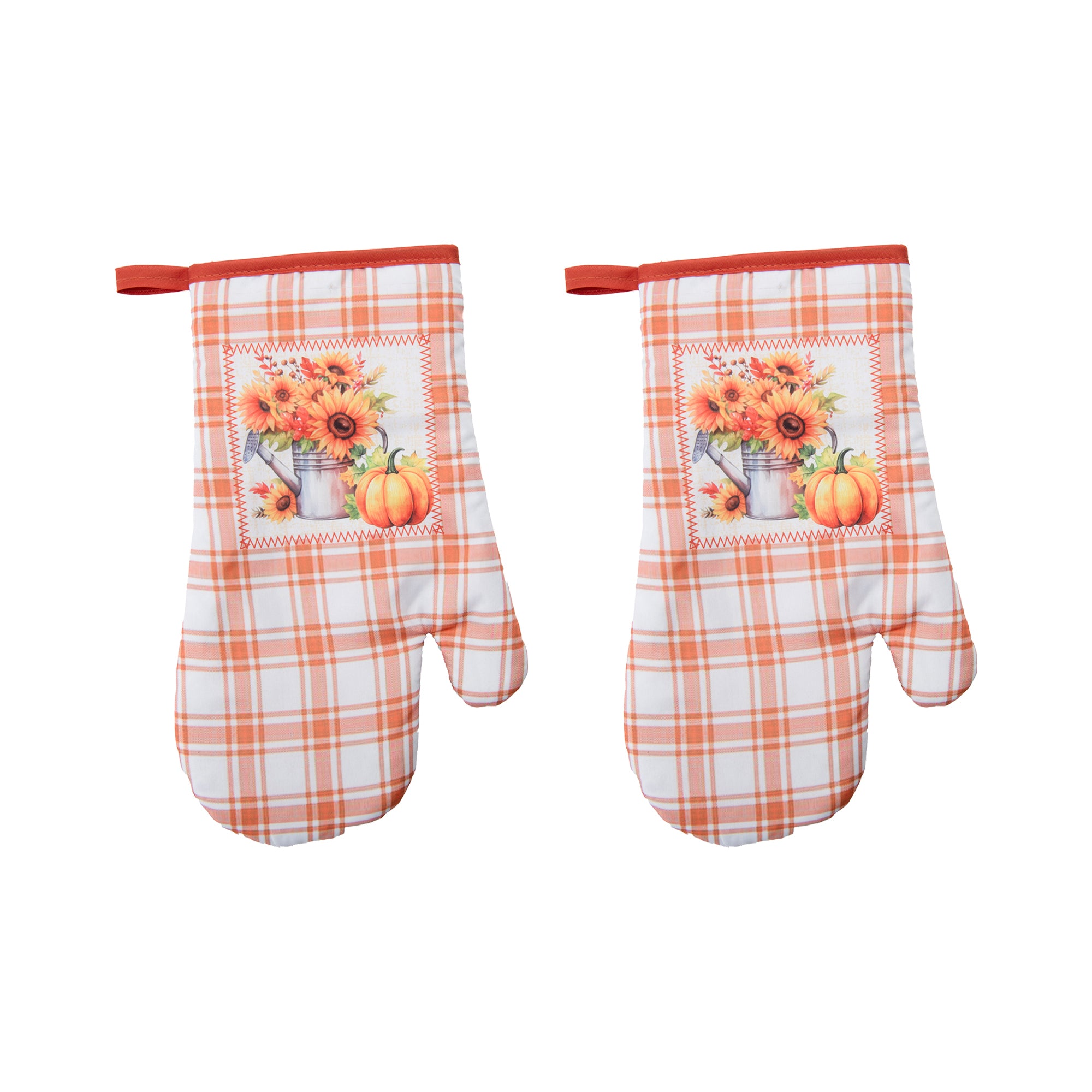 12" Oven Mitt Orange Plaid Sunflower & Pumpkin, Fall Harvest, Oven Mitt, Holiday Decor- Set of 2