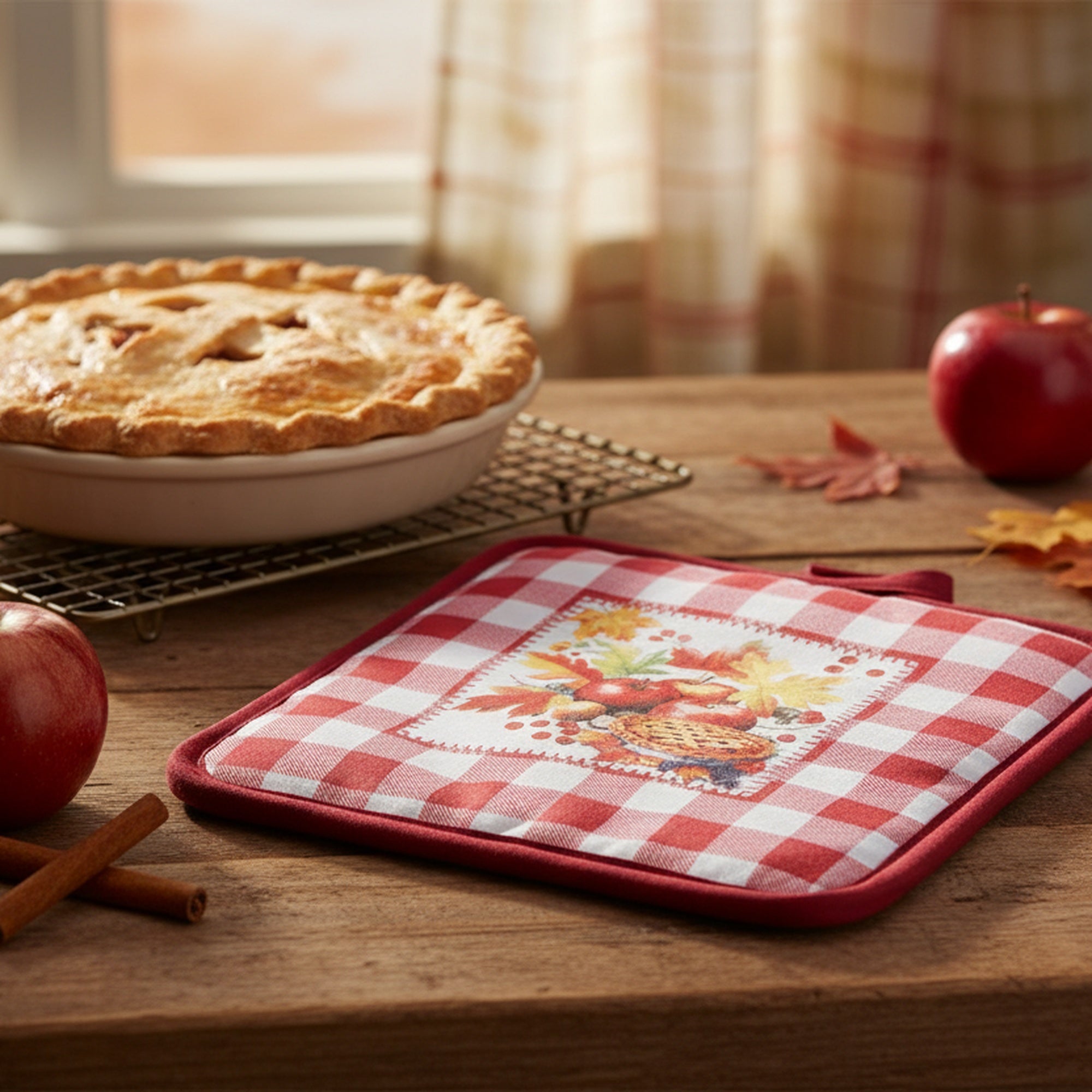 8" Pot Holder Red Plaid Apple Pie, Pot Holder, Holiday Decor- Set of 6