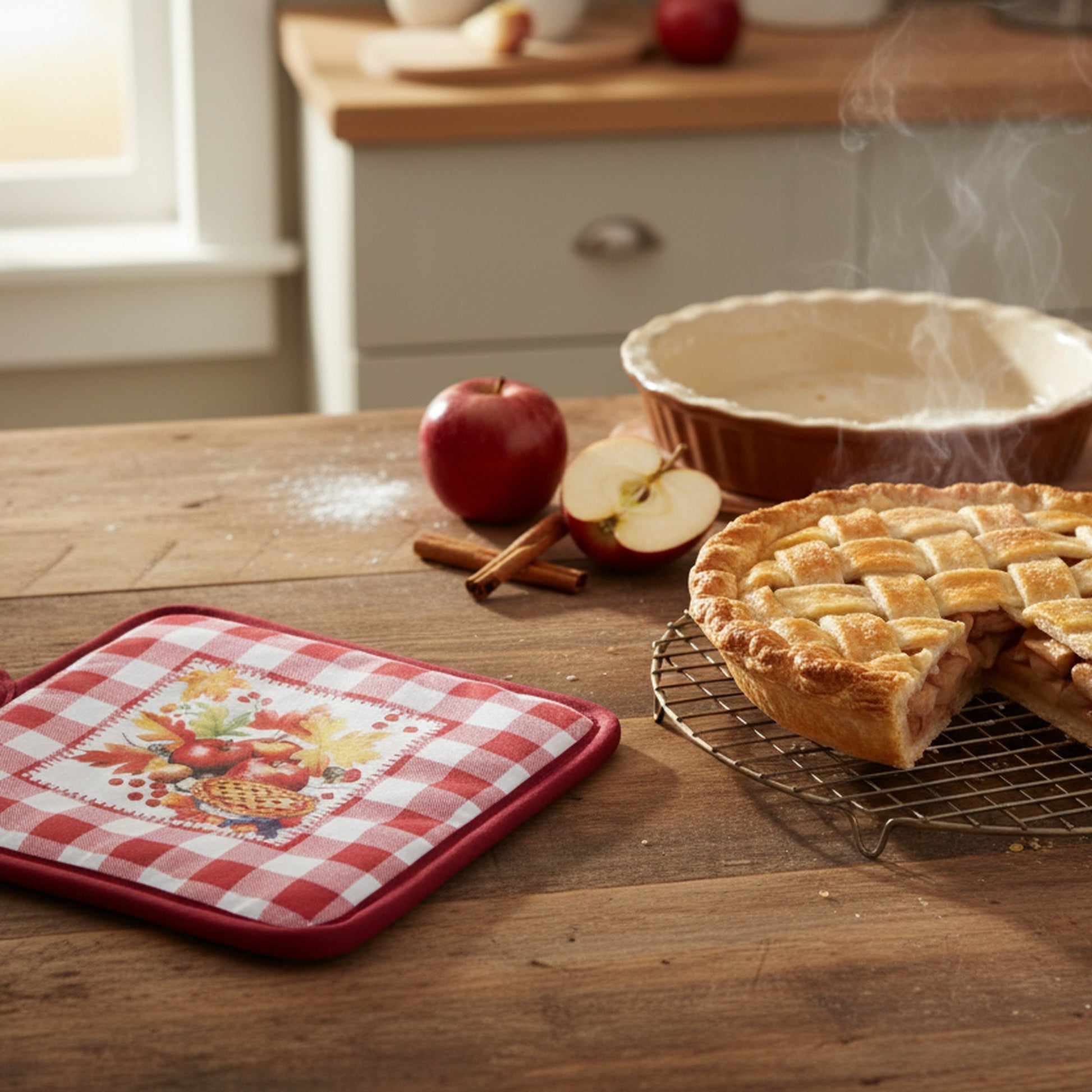 8" Pot Holder Red Plaid Apple Pie, Pot Holder, Holiday Decor- Set of 6