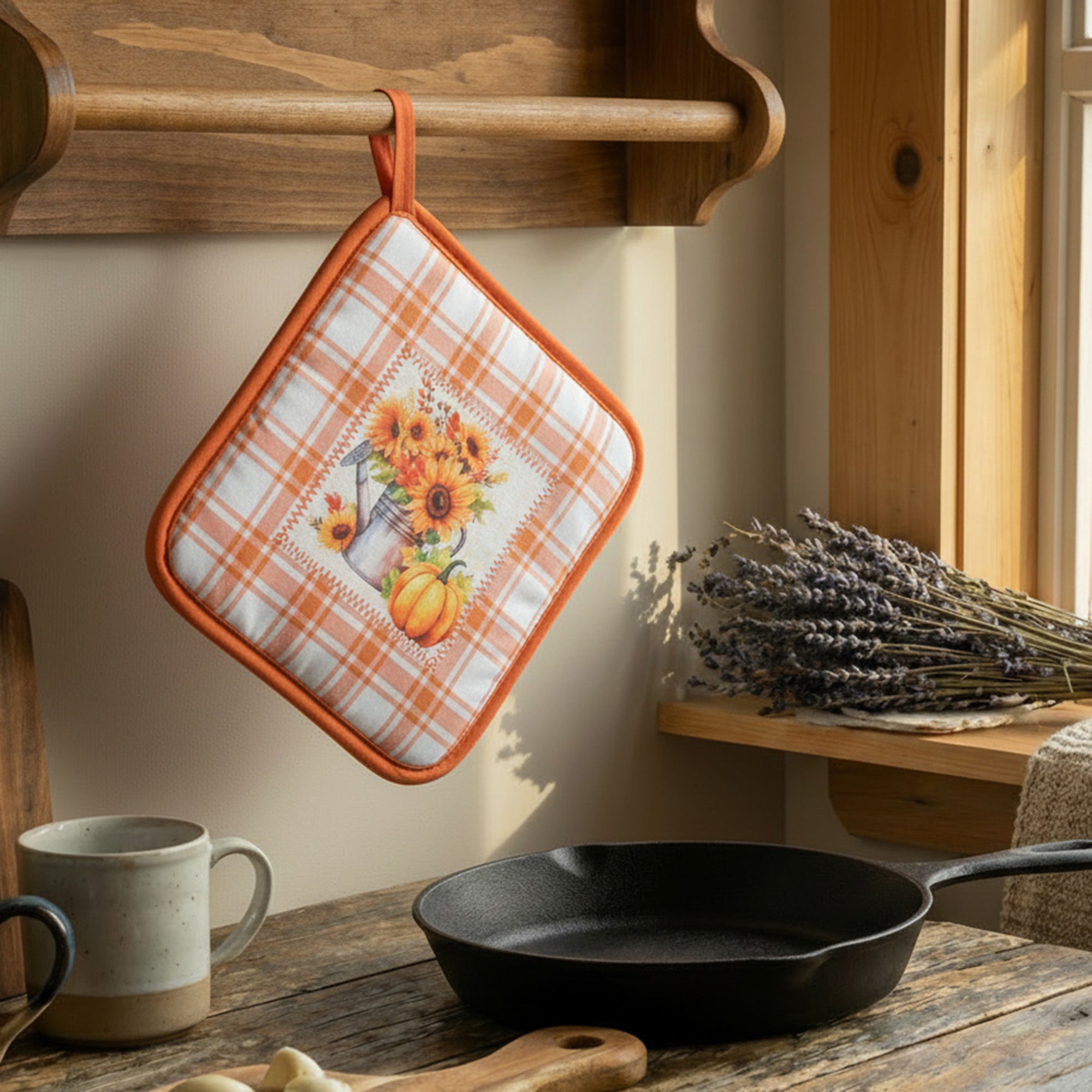 8" Pot Holder Orange Plaid Sunflower & Pumpkin, Fall Harvest, Pot Holder, Holiday Decor- Set of 6