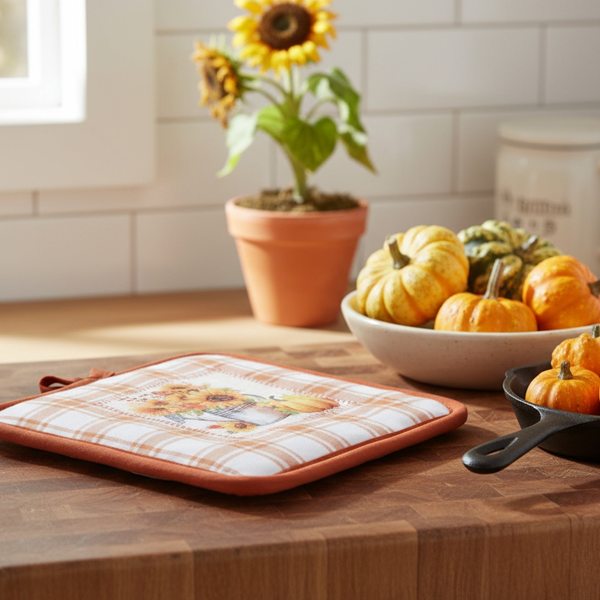 8" Pot Holder Orange Plaid Sunflower & Pumpkin, Fall Harvest, Pot Holder, Holiday Decor- Set of 6