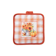 8" Pot Holder Orange Plaid Sunflower & Pumpkin, Fall Harvest, Pot Holder, Holiday Decor- Set of 6
