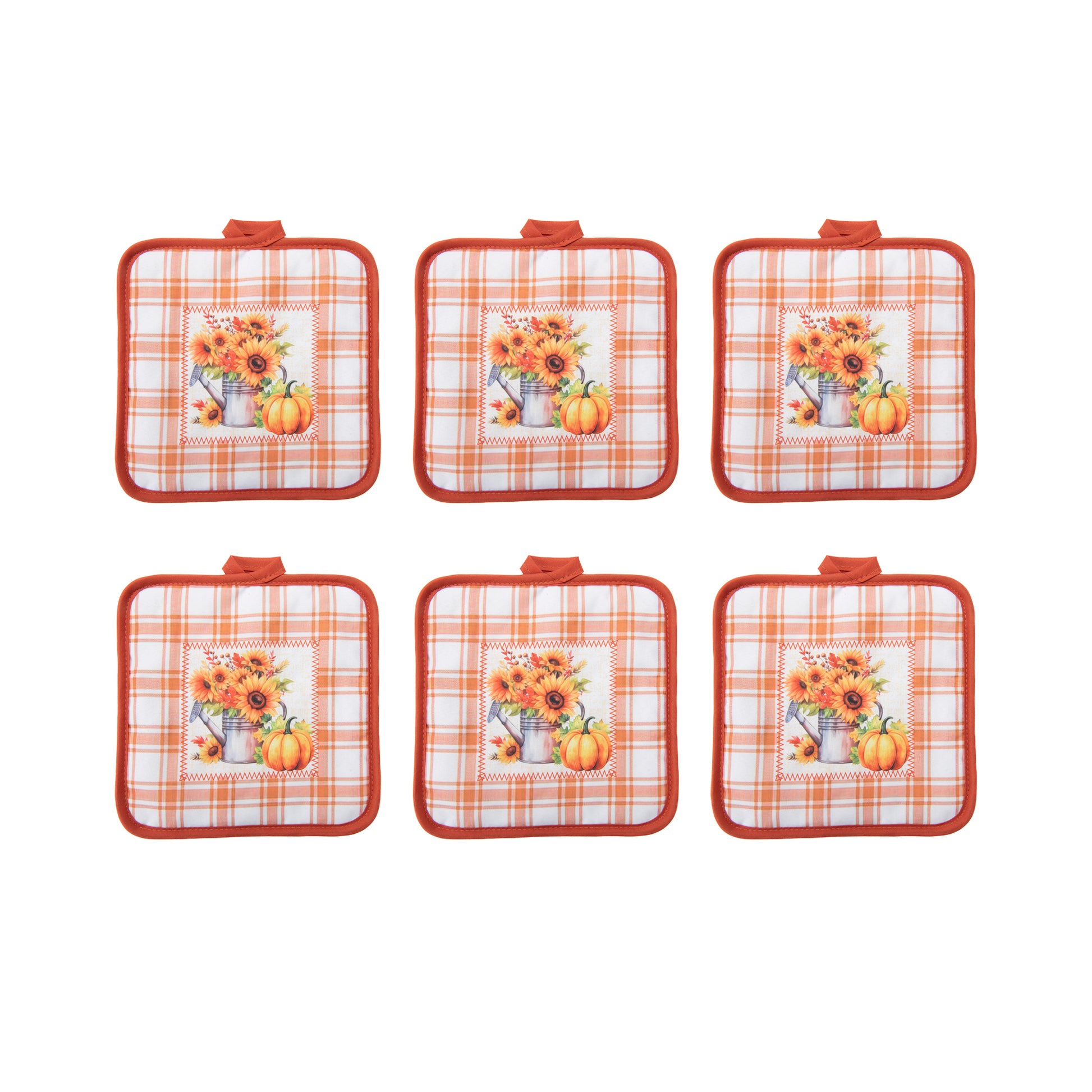 8" Pot Holder Orange Plaid Sunflower & Pumpkin, Fall Harvest, Pot Holder, Holiday Decor- Set of 6
