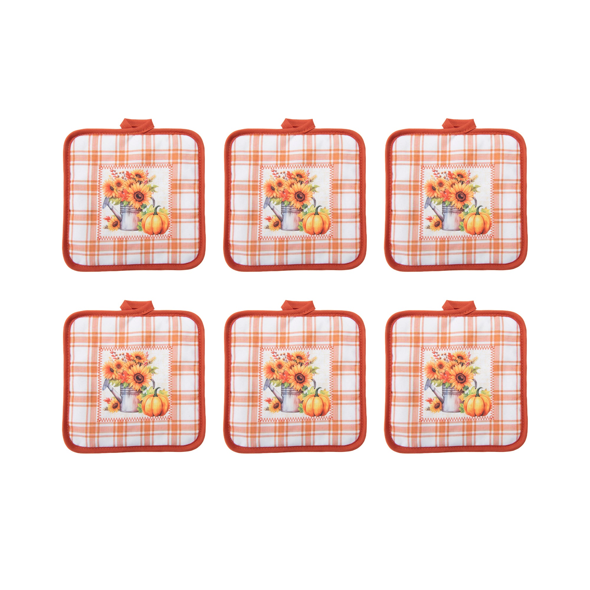 8" Pot Holder Orange Plaid Sunflower & Pumpkin, Fall Harvest, Pot Holder, Holiday Decor- Set of 6