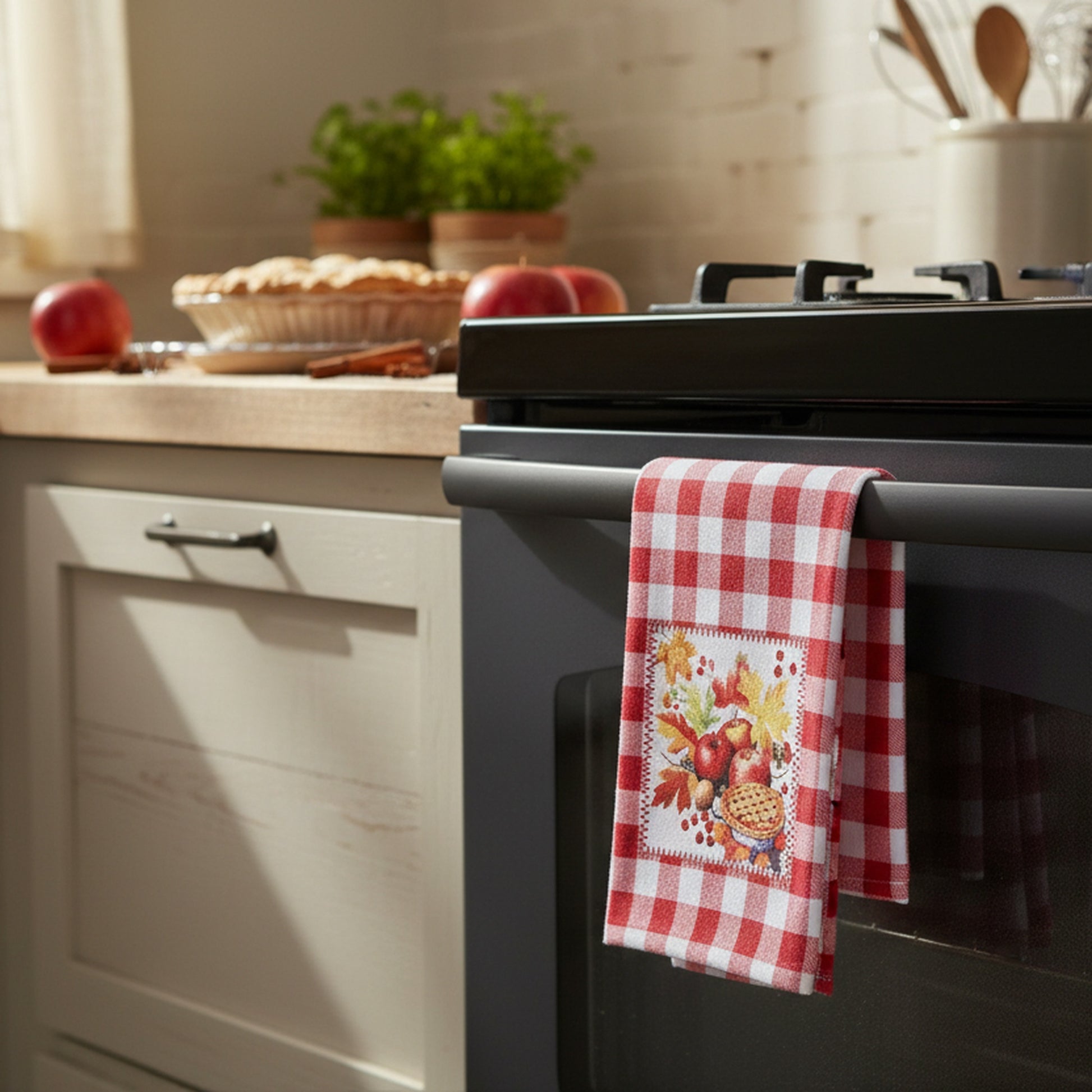Microfiber Kitchen Towel Red Plaid Apple Pie, Kitchen Towel, Holiday Decor- Set of 6