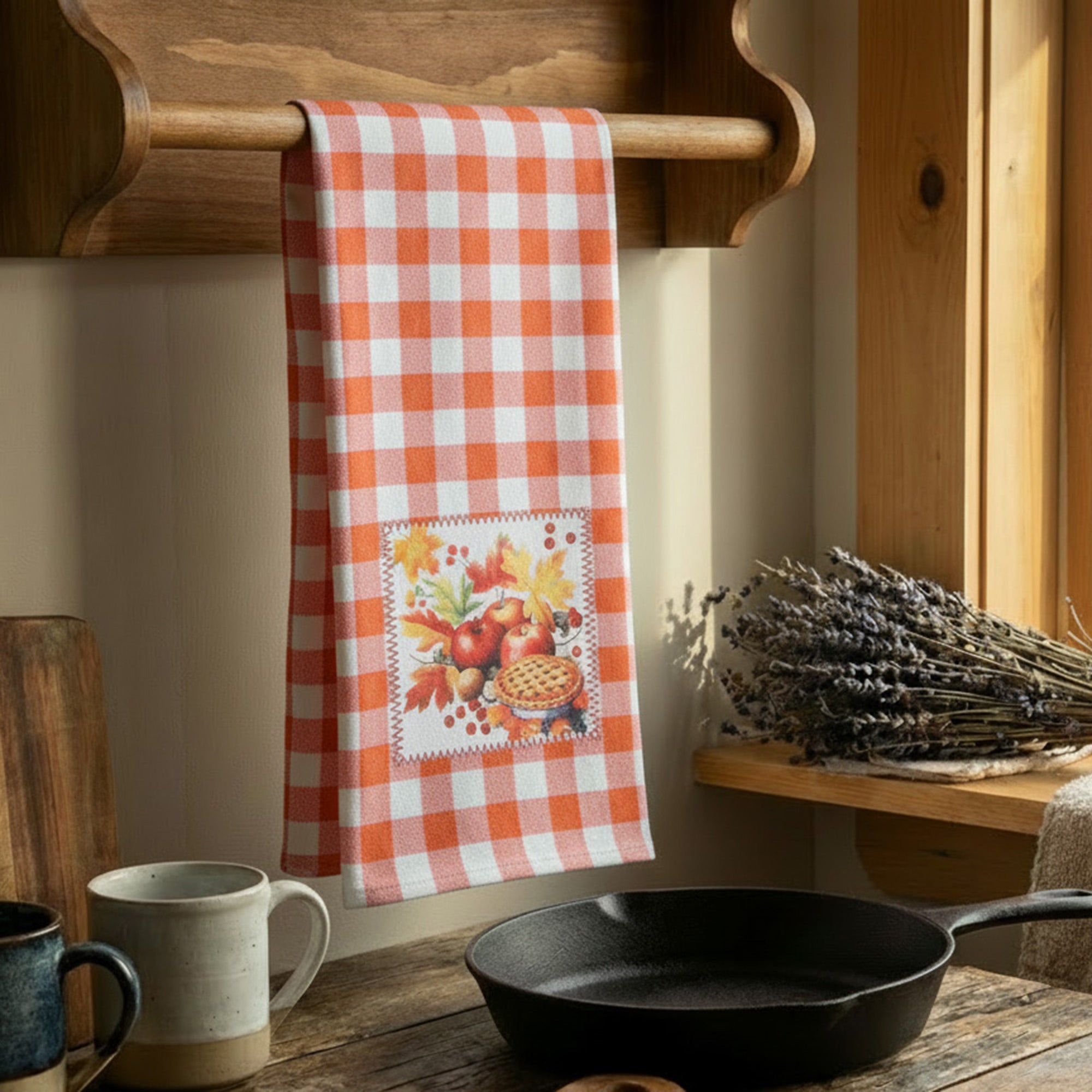 Microfiber Kitchen Towel Orange Plaid Sunflower & Pumpkin, Fall Harvest, Kitchen Towel, Holiday Decor- Set of 6