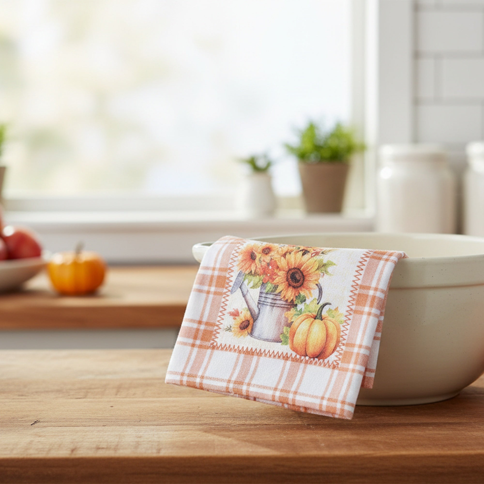 Microfiber Kitchen Towel Orange Plaid Sunflower & Pumpkin, Fall Harvest, Kitchen Towel, Holiday Decor- Set of 6