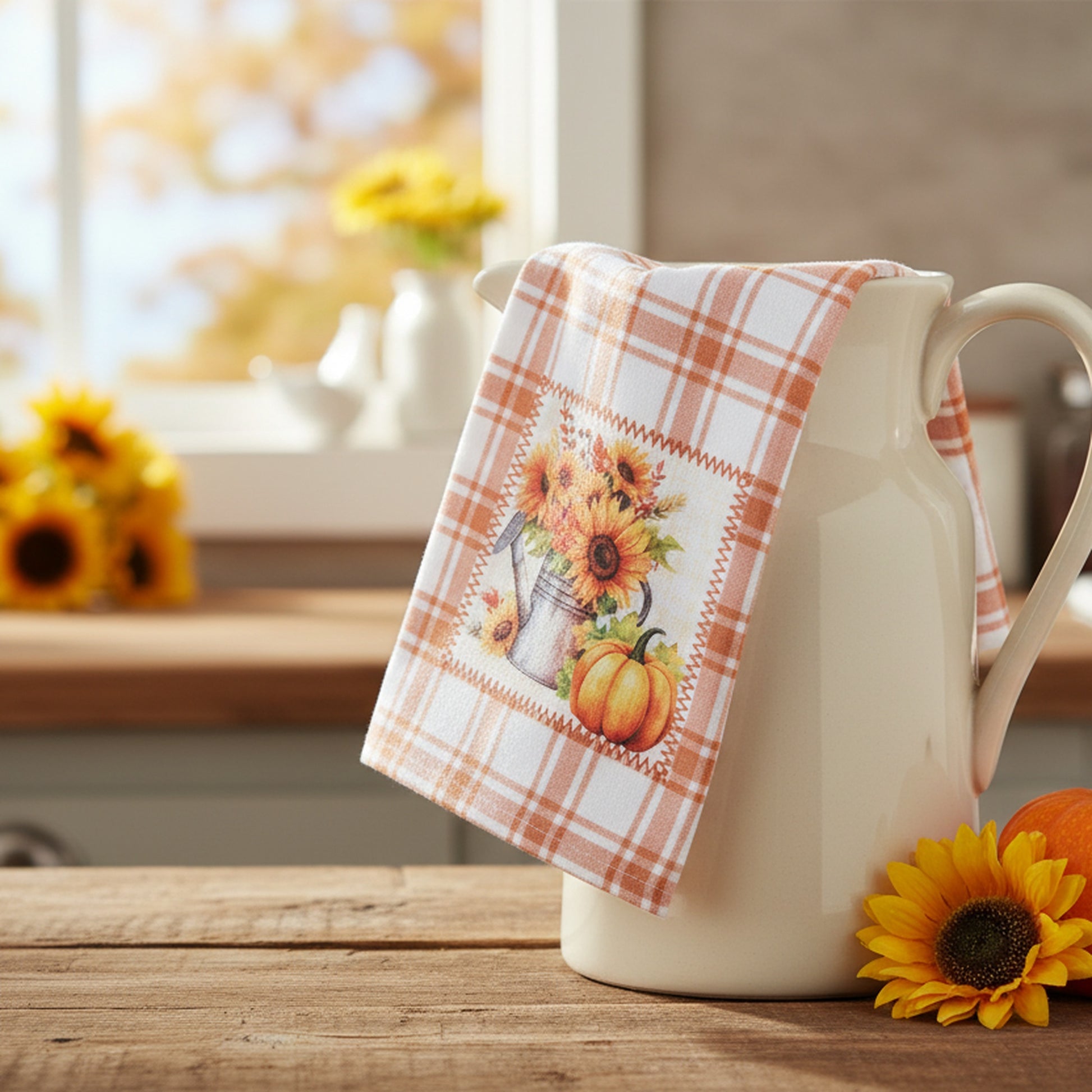 Microfiber Kitchen Towel Orange Plaid Sunflower & Pumpkin, Fall Harvest, Kitchen Towel, Holiday Decor- Set of 6