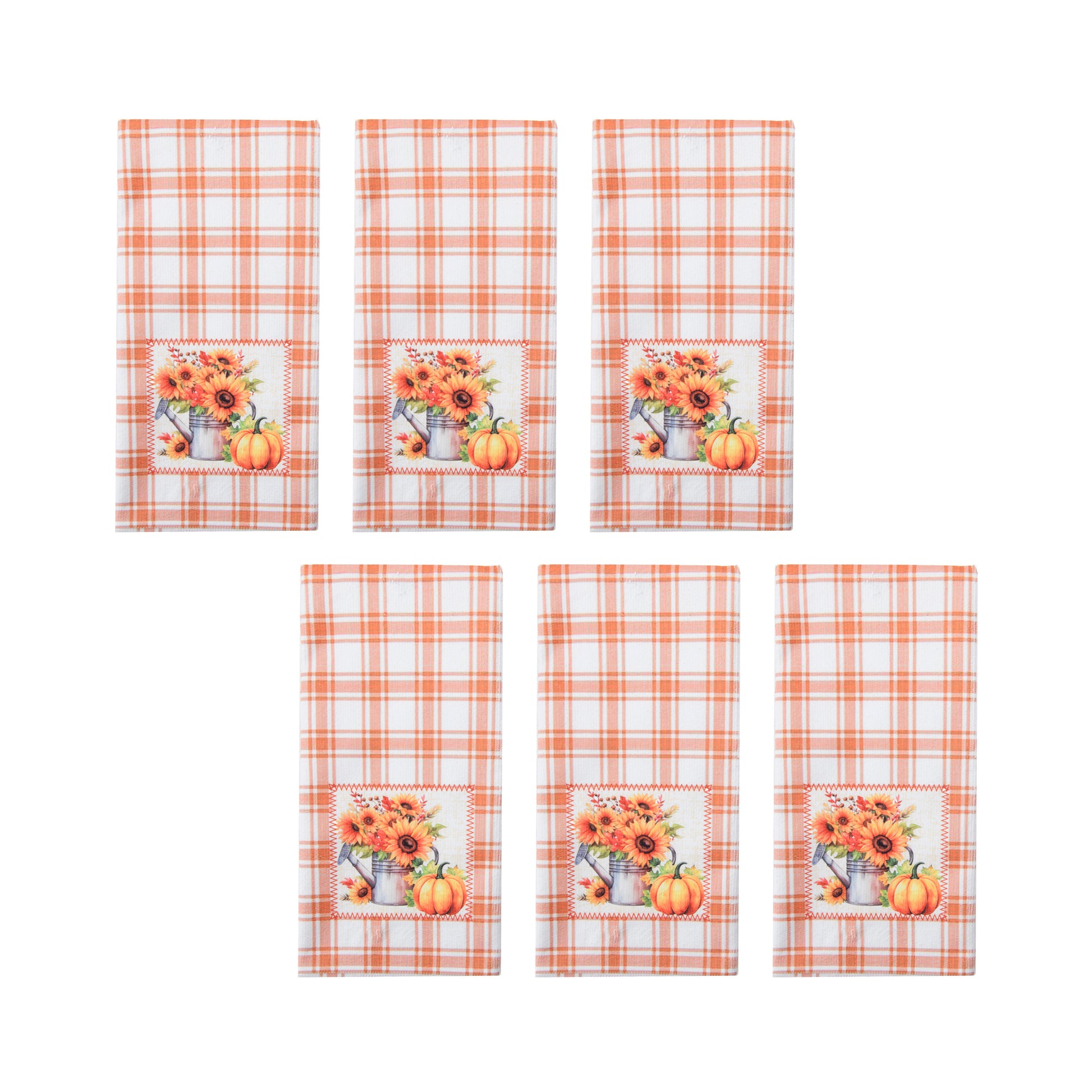 Microfiber Kitchen Towel Orange Plaid Sunflower & Pumpkin, Fall Harvest, Kitchen Towel, Holiday Decor- Set of 6