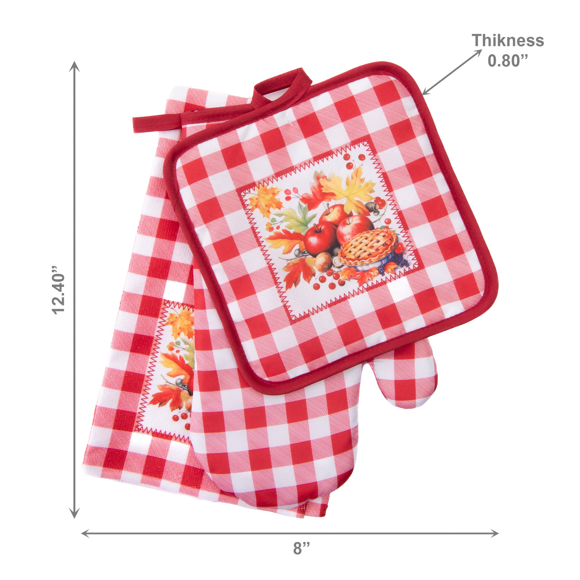 3 Piece Kitchen Set Red Plaid Apple Pie, Holiday Decor- Set of 2