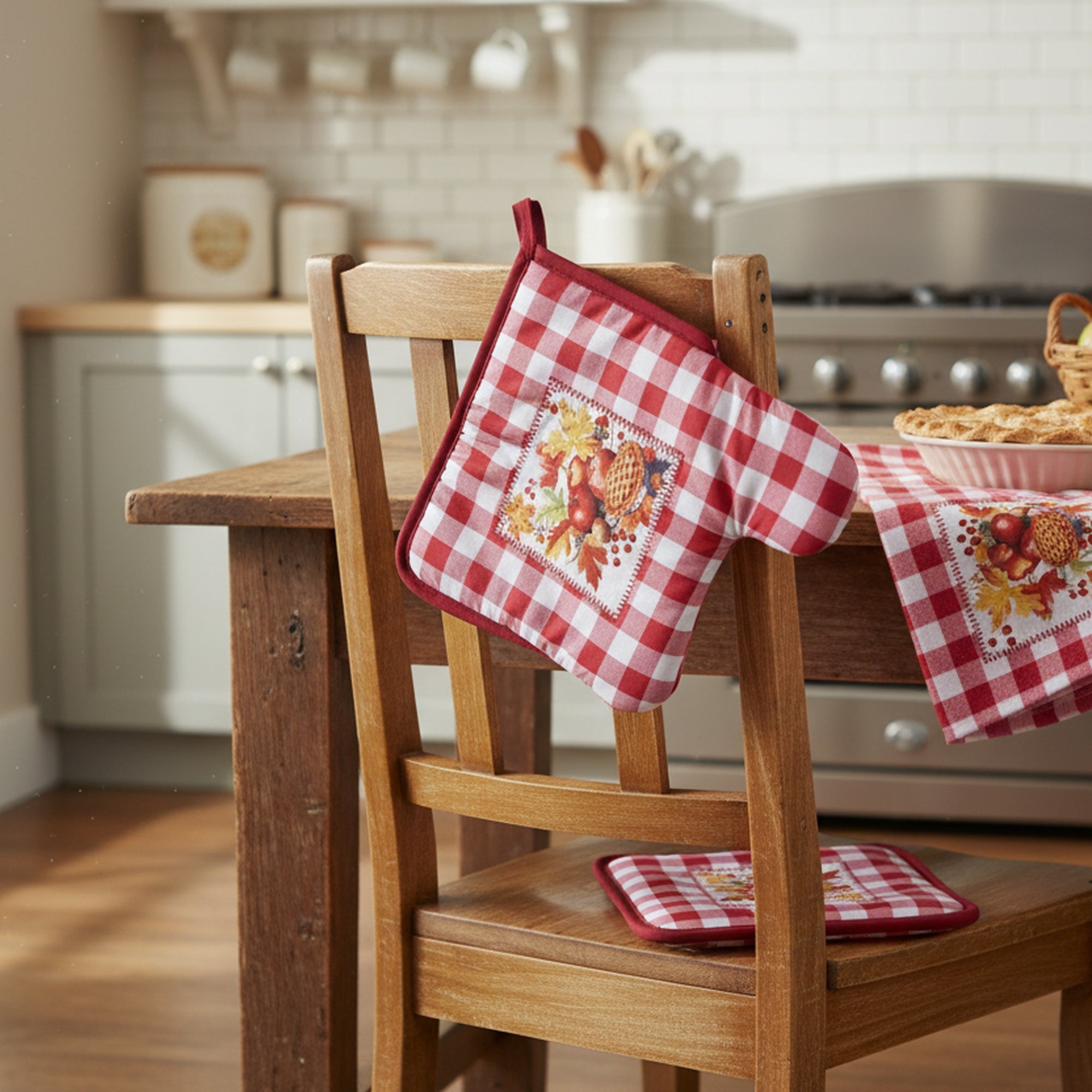 3 Piece Kitchen Set Red Plaid Apple Pie, Holiday Decor- Set of 2