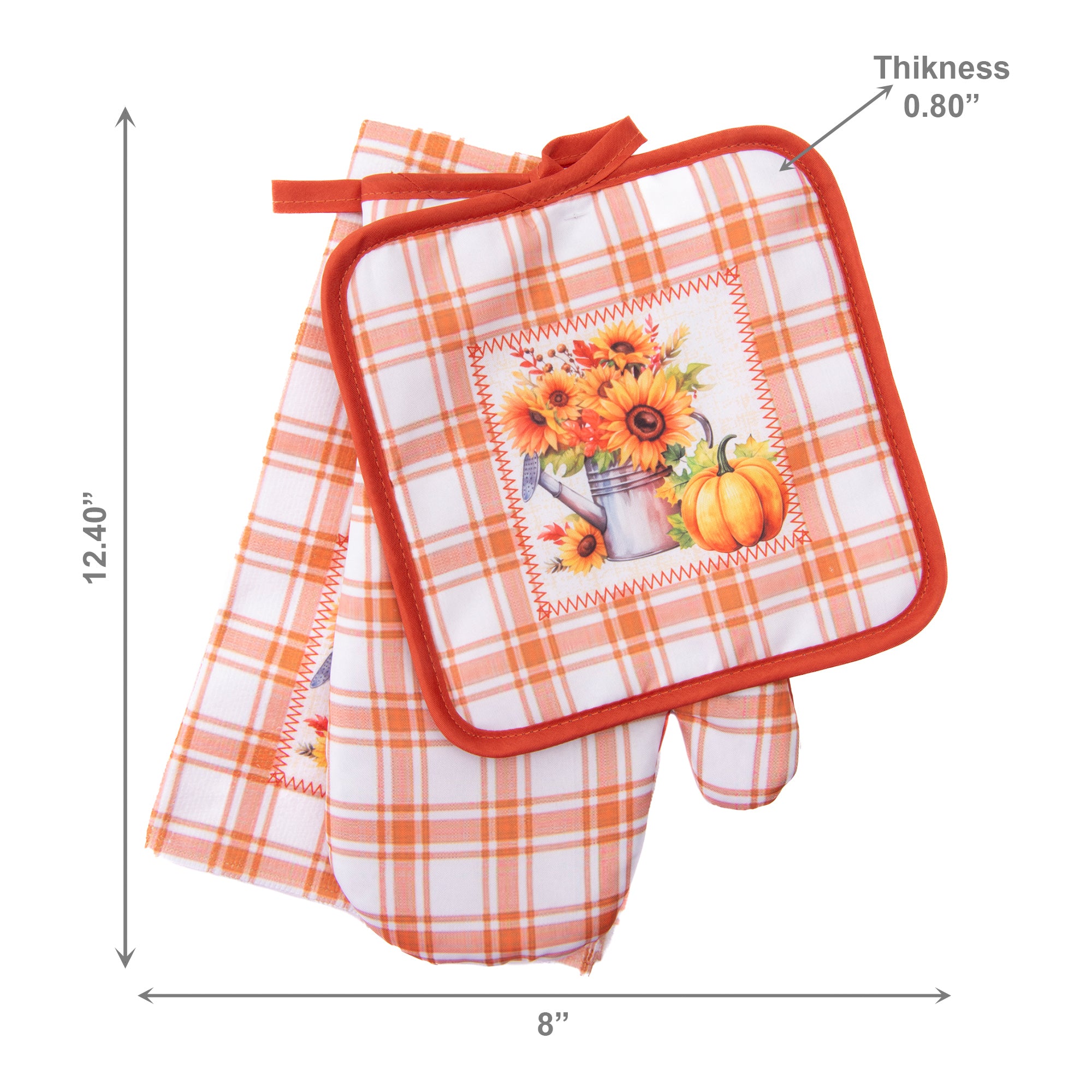 3 Piece Kitchen Set Orange Plaid Sunflower & Pumpkin, Fall Harvest, Holiday Decor- Set of 2