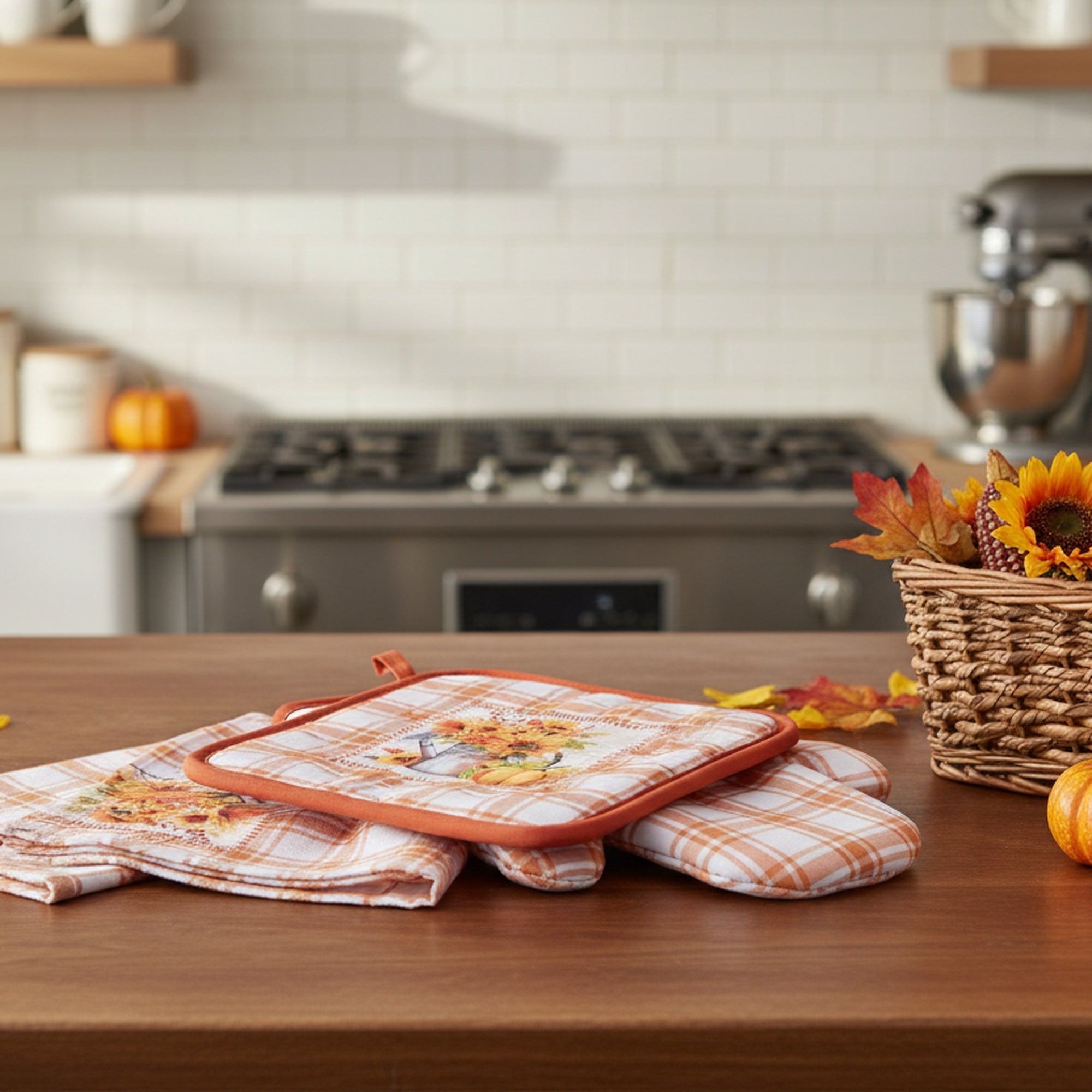 3 Piece Kitchen Set Orange Plaid Sunflower & Pumpkin, Fall Harvest, Holiday Decor- Set of 2